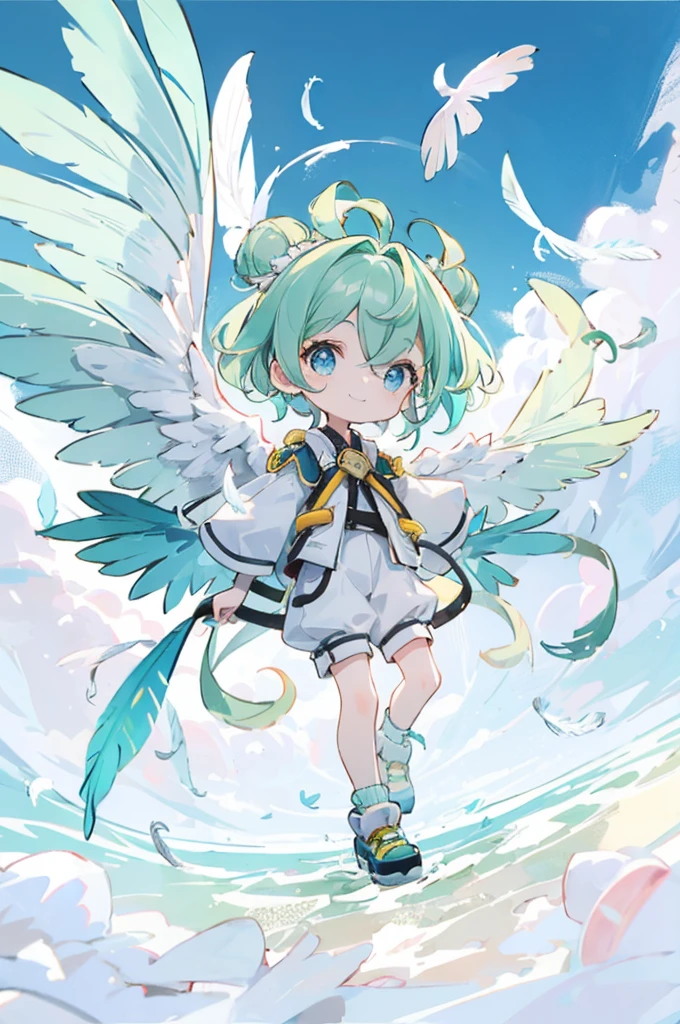 ((Best Quality)), ((masterpiece)), (detailed),Full body shot of a girl with bird of prey wings, (Chibi：1.9), (Green and yellow multicolor,Sky blue inner hair),Short hair with buns on both sides,Narrow, deep blue eyes,Slim and toned body.,boyish,Removable feather sleeve,Tops made of feathers,Feather shorts,Knee-length feather socks,Feathered leggings,Above the Clouds,blue sky,floating,Glancing sideways at the camera,smile,Dynamic Wing