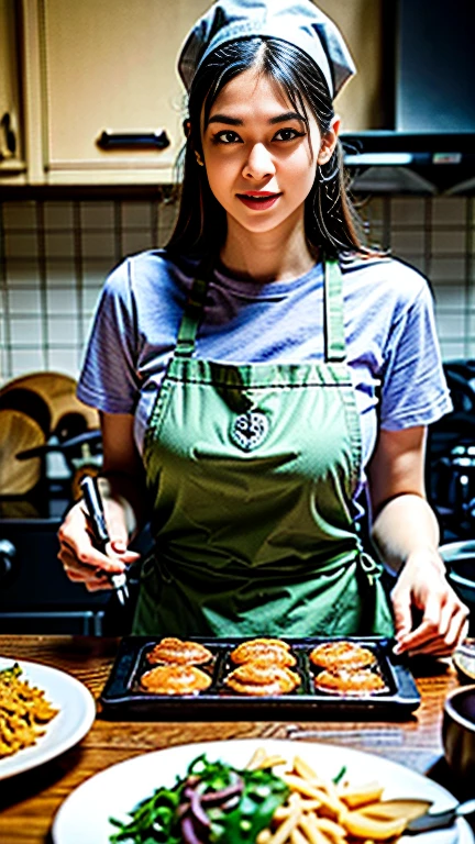 (highres,masterpiece:1.2),ultra-detailed,realistic,photorealistic:1.37,beautiful detailed eyes,beautiful detailed lips,extremely detailed eyes and face,long eyelashes,1girl,cooking,traditional kitchen,wooden stove,flames,apron,chef hat,focused expression,steam,cookbook,spices,sliced vegetables,whisking,smell of delicious food,preparing a feast,culinary art,delicious aromas,creamyy cheese sauce,steaming pots and pans,prep table,wholesome ingredients,elaborate dish presentation,plating,table setting,appetizing colors,culinary masterclass,love for cooking,passion,aroma-filled kitchen,dinner in progress,culinary journey,creating a masterpiece