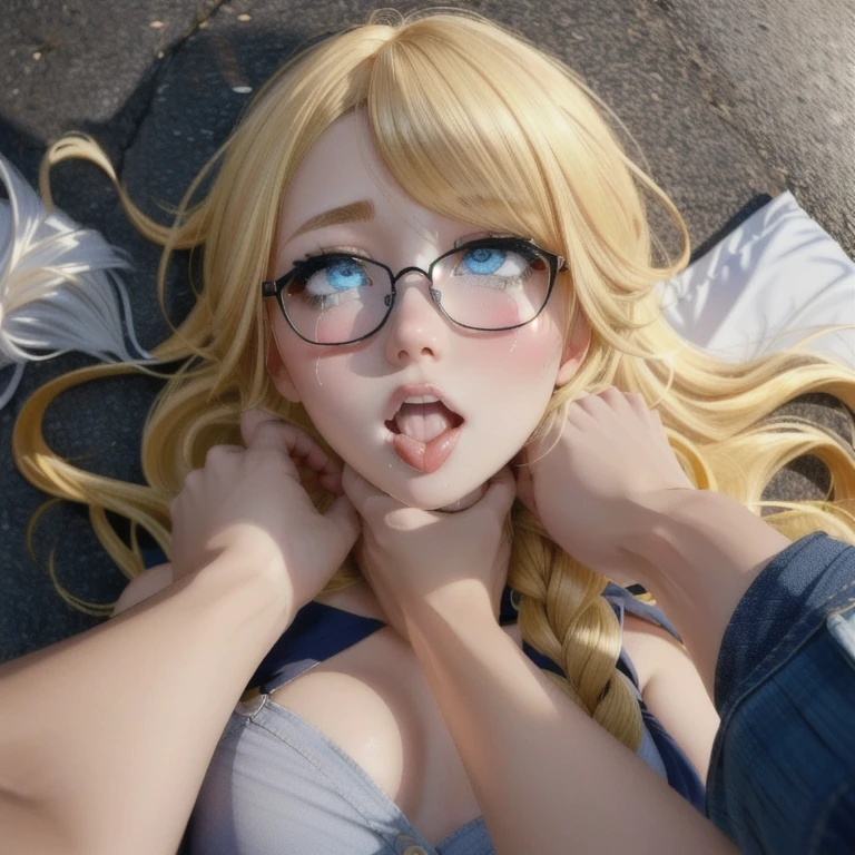 (detailed eyes:1.3), Beautiful Lighting, (1girl:blue  eyes, blonde hair, absurdly long hair, hair between eyes), (real skin), (outdoors, alley:1.2), 
 1girl, glasses, rolling eyes, 1boy, (boy strangling girl:1.1), asphyxiation, ahegao, drooling, tearing up, spoken heart, on back