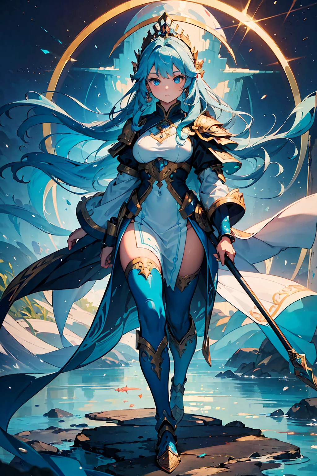 (((masterpiece, best quality, high detailed, 16k))) (1girl) A serene female warrior with long, flowing aquamarine hair and deep, tranquil blue eyes. Her armor is made of shimmering scales, reflecting the colors of the ocean. She carries a staff adorned with coral and pearls, glowing with the magic of the deep. She stands at the bottom of a glowing underwater city, surrounded by colorful fish and coral, her presence calm and peaceful.

((full body front view)), (extremely detailed:1.5)
