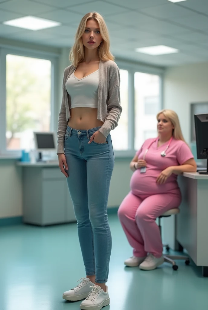 sitting on a table with a school board in the background, facing the viewer, dangling his legs from the table, completely naked, no panties, a full beautiful pregnant teacher 40 years old. blonde hair is gathered in a ponytail, The board has a poster with a diagram of a vagina. The teacher is showing her body to the students.. she spread her legs wide and covered her crotch with a smartphone, who is holding a phone in his hand. The board has a chalk inscription "Congratulations on the beginning of the academic year!",