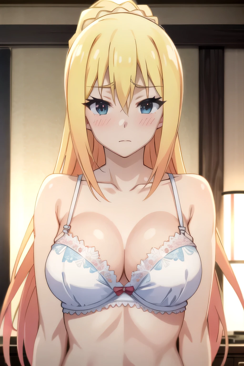 tall body, tall, long legs, mature female, mature, adult, EFT_Konsuba_Darkness, 1girl, darkness (konosuba), breasts, blush, long hair, solo, blonde hair, large breasts, looking at viewer, collarbone, indoors, upper body, anime coloring, hair between eyes, blue eyes, bangs, large breasts, yellow lace bra, upper body.