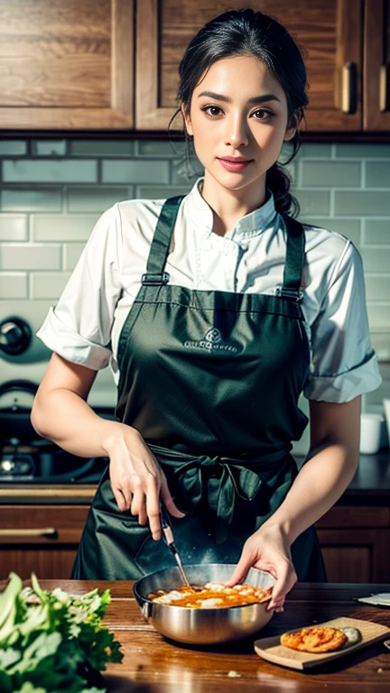 (highres,masterpiece:1.2),ultra-detailed,realistic,photorealistic:1.37,beautiful detailed eyes,beautiful detailed lips,extremely detailed eyes and face,long eyelashes,1girl,cooking,traditional kitchen,wooden stove,flames,apron,chef hat,focused expression,steam,cookbook,spices,sliced vegetables,whisking,smell of delicious food,preparing a feast,culinary art,delicious aromas,creamyy cheese sauce,steaming pots and pans,prep table,wholesome ingredients,elaborate dish presentation,plating,table setting,appetizing colors,culinary masterclass,love for cooking,passion,aroma-filled kitchen,dinner in progress,culinary journey,creating a masterpiece