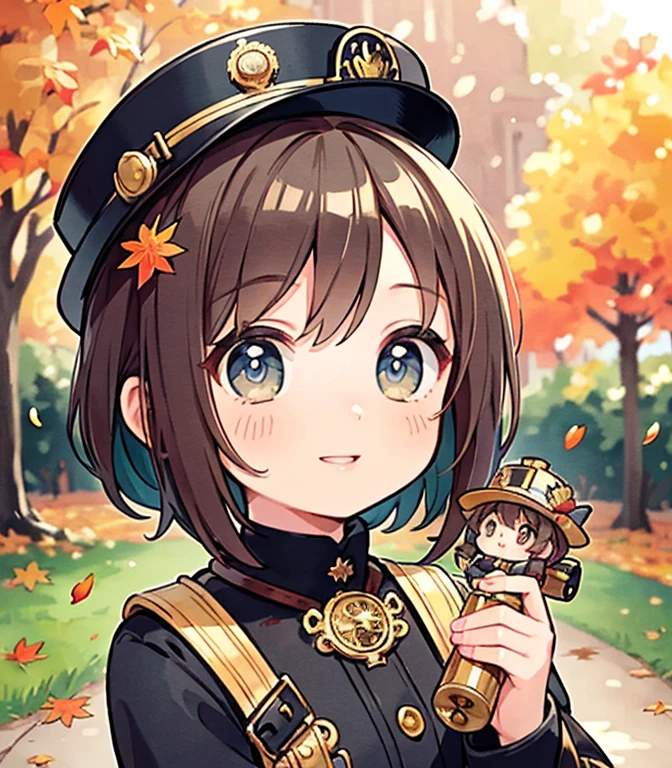 Steampunk，A young girl playing with a toy police bike in a パーク，Very short stature，Chibi，Very detailed，High image quality，Realistic，Beautiful detailed eyes，Beautiful detailed lips，cute expression, playing, smile，toy police bike，Autumn park，autumn leaves，tree々，sunlight，Vibrant colors，