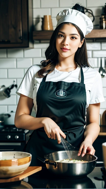 (highres,masterpiece:1.2),ultra-detailed,realistic,photorealistic:1.37,beautiful detailed eyes,beautiful detailed lips,extremely detailed eyes and face,long eyelashes,1girl,cooking,traditional kitchen,wooden stove,flames,apron,chef hat,focused expression,steam,cookbook,spices,sliced vegetables,whisking,smell of delicious food,preparing a feast,culinary art,delicious aromas,creamyy cheese sauce,steaming pots and pans,prep table,wholesome ingredients,elaborate dish presentation,plating,table setting,appetizing colors,culinary masterclass,love for cooking,passion,aroma-filled kitchen,dinner in progress,culinary journey,creating a masterpiece