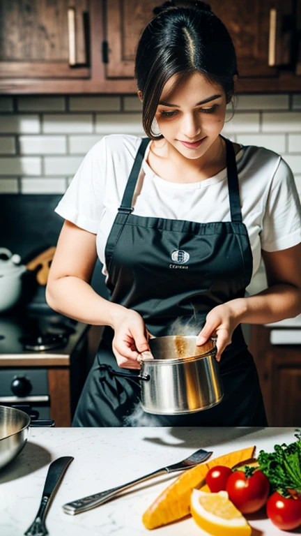 (highres,masterpiece:1.2),ultra-detailed,realistic,photorealistic:1.37,beautiful detailed eyes,beautiful detailed lips,extremely detailed eyes and face,long eyelashes,1girl,cooking,traditional kitchen,wooden stove,flames,apron,chef hat,focused expression,steam,cookbook,spices,sliced vegetables,whisking,smell of delicious food,preparing a feast,culinary art,delicious aromas,creamyy cheese sauce,steaming pots and pans,prep table,wholesome ingredients,elaborate dish presentation,plating,table setting,appetizing colors,culinary masterclass,love for cooking,passion,aroma-filled kitchen,dinner in progress,culinary journey,creating a masterpiece