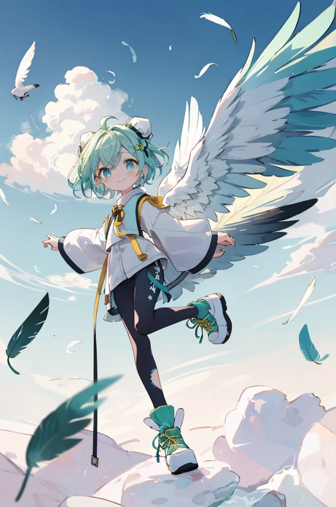 ((Best Quality)), ((masterpiece)), (detailed),Full body shot of a girl with bird of prey wings, (Chibi：1.9), (Green and yellow multicolor,Sky blue inner hair),Short hair with buns on both sides,Narrow, deep blue eyes,Slim and toned body.,boyish,Removable feather sleeve,Tops made of feathers,Feather shorts,Knee-length feather socks,Feathered leggings,Above the Clouds,blue sky,floating,Glancing sideways at the camera,smile,Dynamic Wing