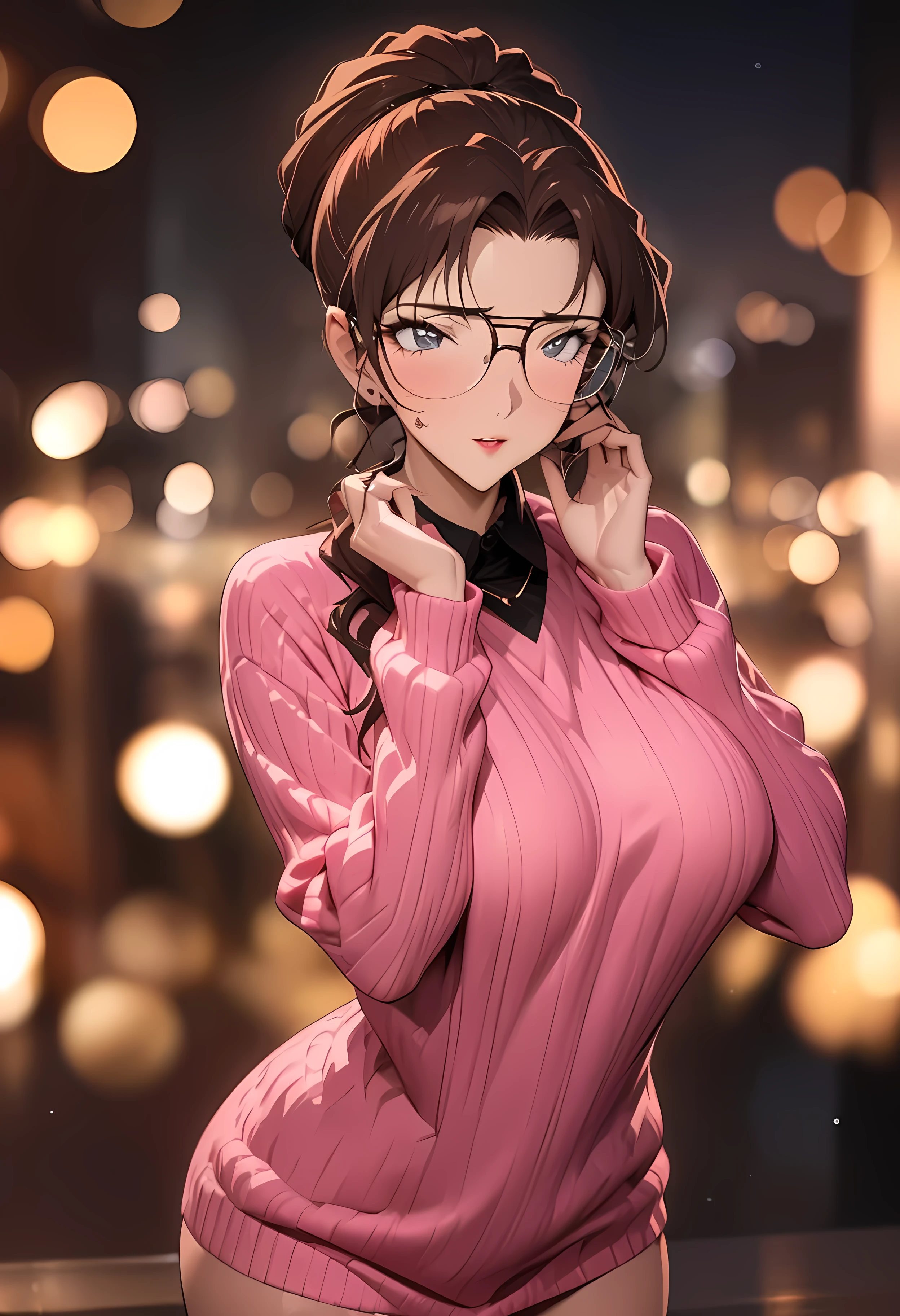 (breathtaking mature beauty,intellectual and elegant,luminous pink sweater,brown hair,(best quality,masterpiece:1.2),full-length shot,perfect figure,wearing glasses,ultra-clear,exquisite facial features,ultra-detailed,bokeh)