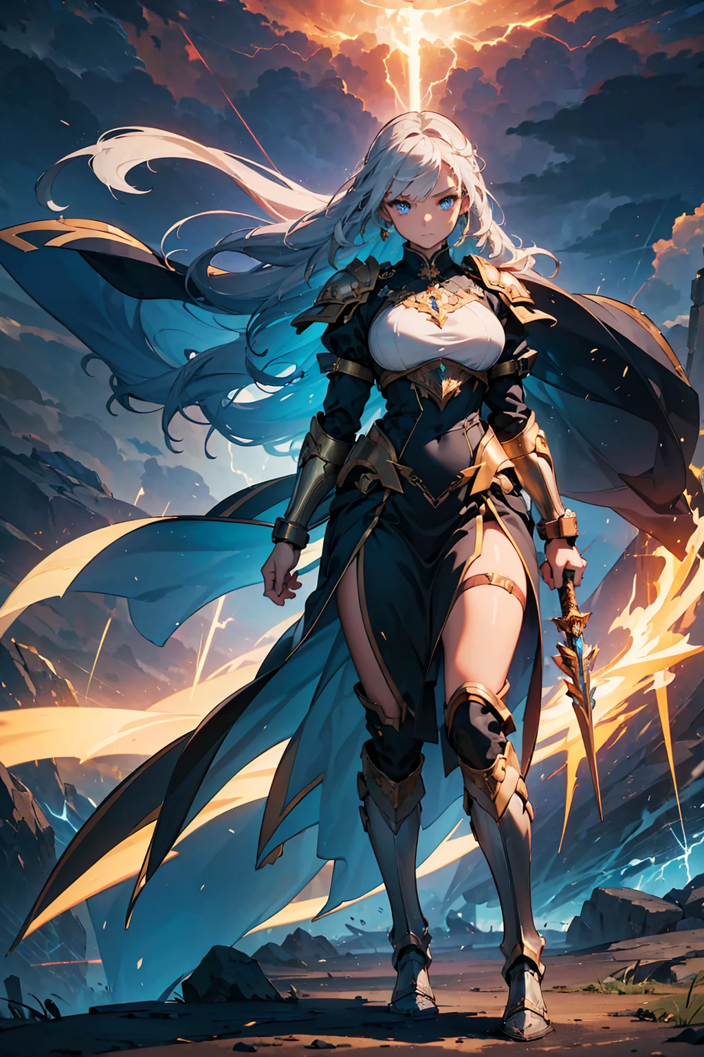 Create an illustration of Odin from Norse mythology reimagined as a beautiful girl. This female Odin should embody elegance and power. She has strikingly beautiful, sharp, regal features with high cheekbones, a delicate nose, and full lips. She has one piercing icy blue or silver eye radiating wisdom and authority, and her other eye is covered with a patch or hidden by her hair, symbolizing the eye Odin sacrificed for wisdom. Her long, flowing hair is either silver or golden, cascading down her back with a slightly wild, untamed look.
She wears a combination of Norse warrior and royal attire, including a long, flowing cloak, fur accents, and intricate armor with runic engravings. The colors of her outfit are rich and regal, such as deep blues, blacks, and metallic gold or silver. She wears a crown or circlet reflecting her status as the All-Father, with intricate designs possibly incorporating raven or wolf motifs. She holds an elegantly designed spear, Gungnir, with confidence.
The background is a grand, mystical setting reflecting Asgard, including elements like the Yggdrasil tree glowing with ethereal light. The sky is a twilight mix of purples and blues, with the Bifrost bridge visible in the distance. Her two ravens, Huginn and Muninn, are perched on her shoulders or flying nearby, adding a sense of movement and life to the illustration. Her wolves, Geri and Freki, stand by her side, looking majestic and protective.
The overall atmosphere is mystical and awe-inspiring, with a sense of ancient wisdom and power. The lighting is dramatic, with highlights and shadows accentuating her features and attire.