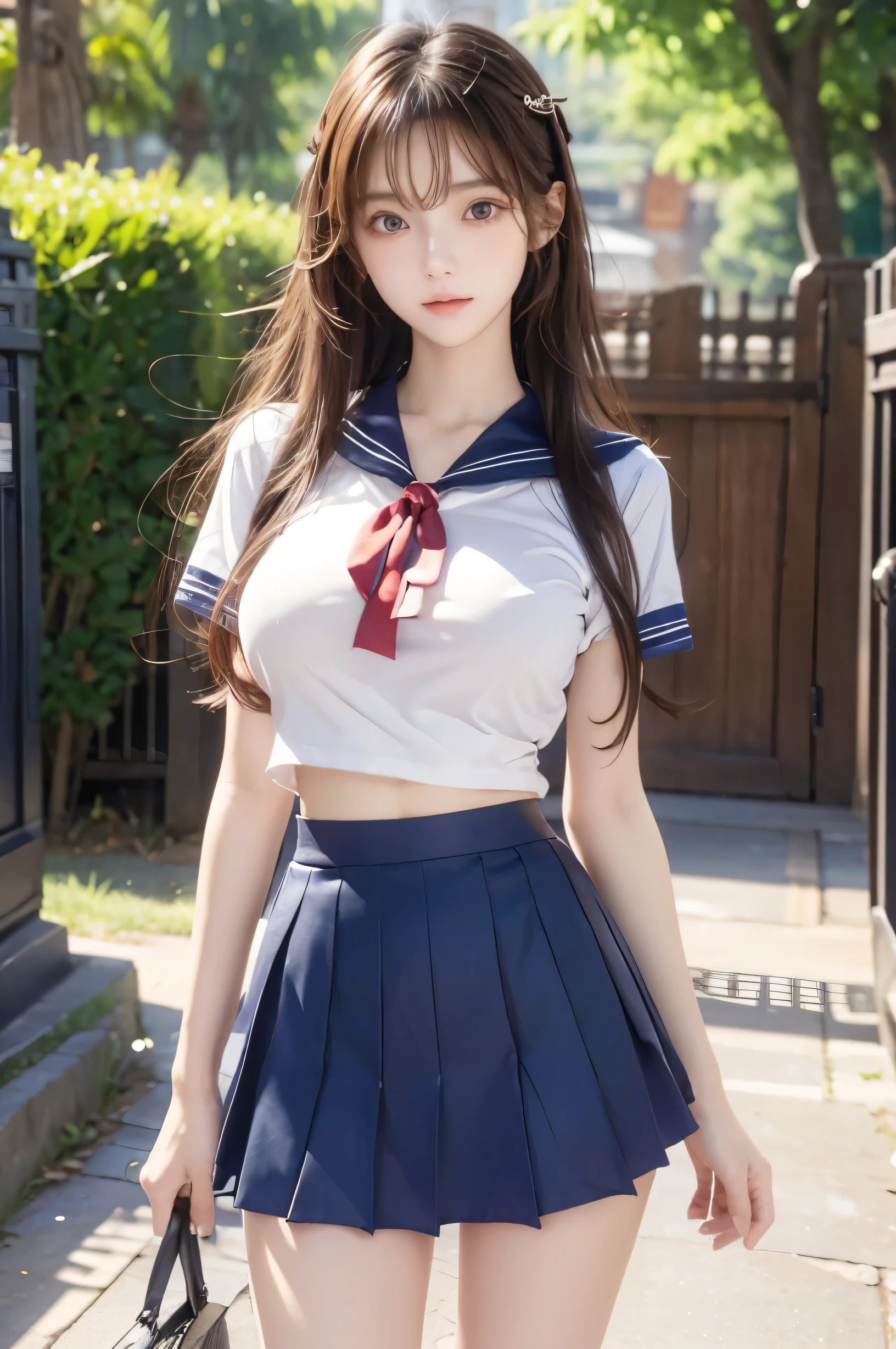 (Ultra HD), (Looking at me), (Short-sleeved sailor uniform, Navy blue mini skirt), Big Breasts, Super beautiful breasts, Slender, (Thin legs:1.2), (Thin thighs:1.2), (Thin Hips:1.4), (Beautiful Skin, Shiny skin, White skin), (Super slim face, Super beautiful face, No makeup, Smile:0.6), (Light Brown, Long Hair, Layered Cut, Fluffy hair), (Big eyes:1.3, High corners of the eyes:1.6, double eyelid), (Thin eyebrows:0.1), (Small Nose:0.6), (Thin lips:0.6), Beautiful Hands, Empty-handed, Standing, In front of the school gate