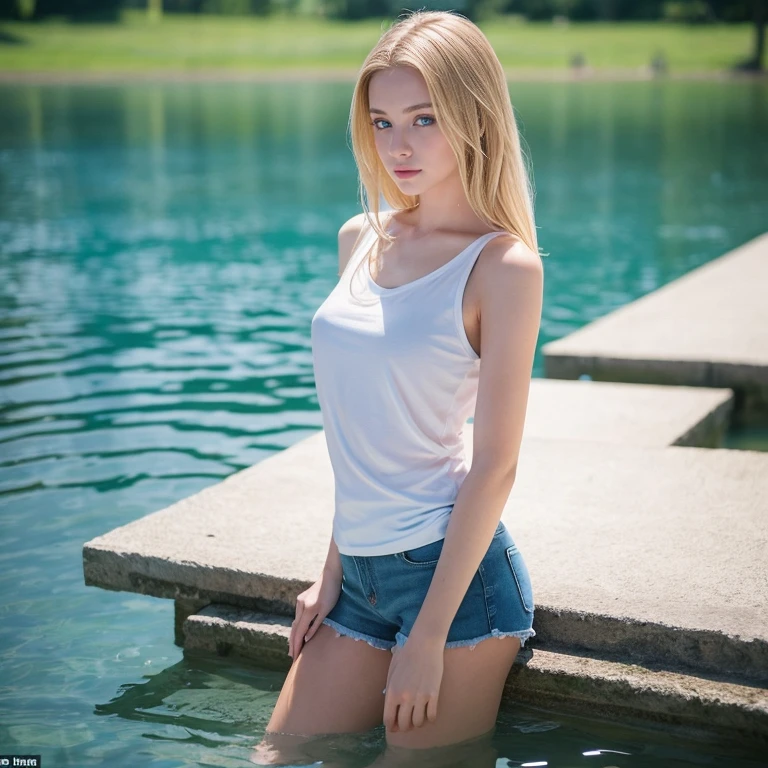 a topless blonde  girl is inside the pool, Scandinavian, with braids in her hair, pale skin, beautiful body and amazing butt, perky teen