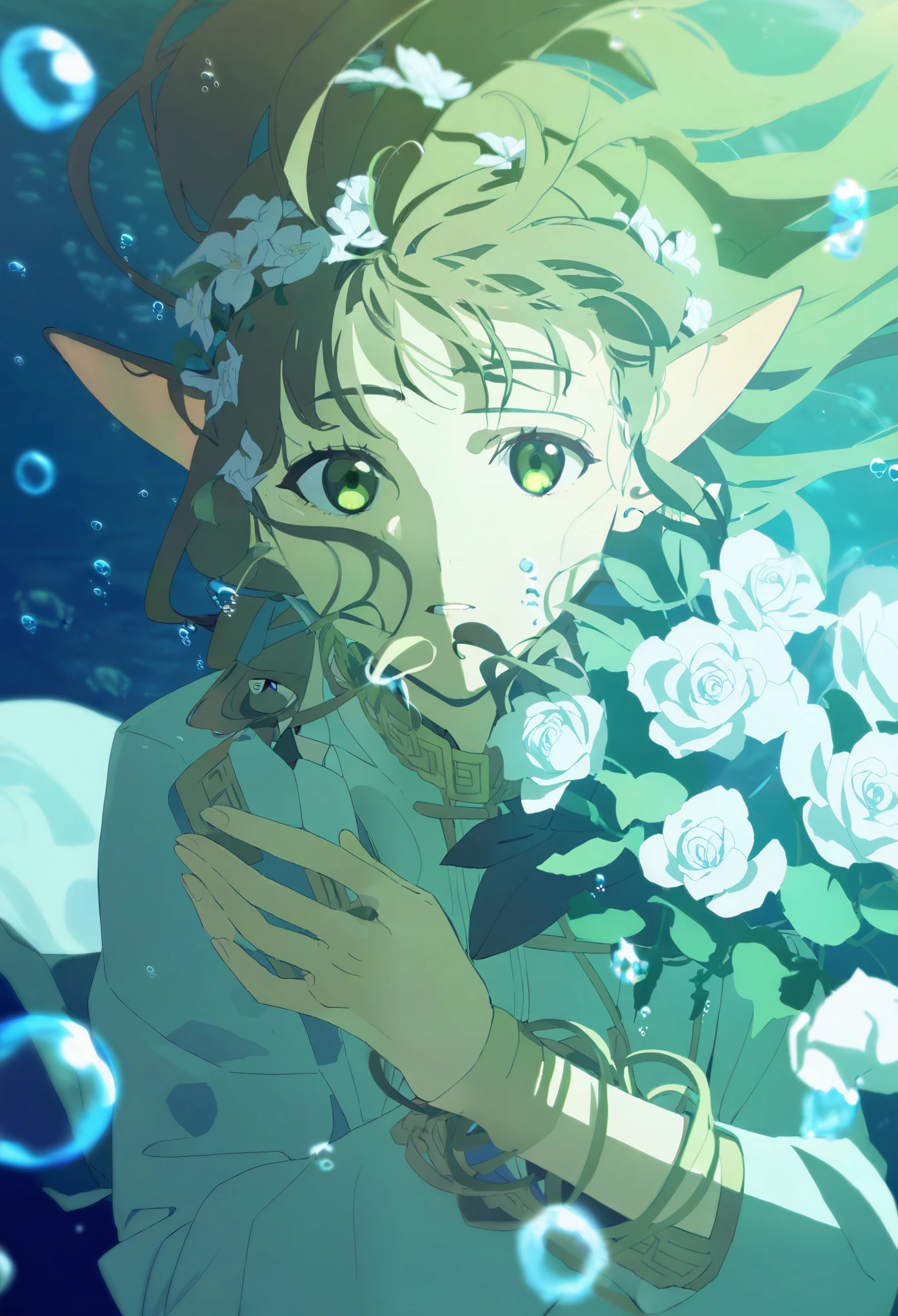 1 Girl，Brown long hair，Green eyes，Flowing messy hair，Characters immersed in the deep sea，bubble，Drowning，Greek style coat，wreath，Elf ears，Sacred，Dense white flowers，Movie Lighting