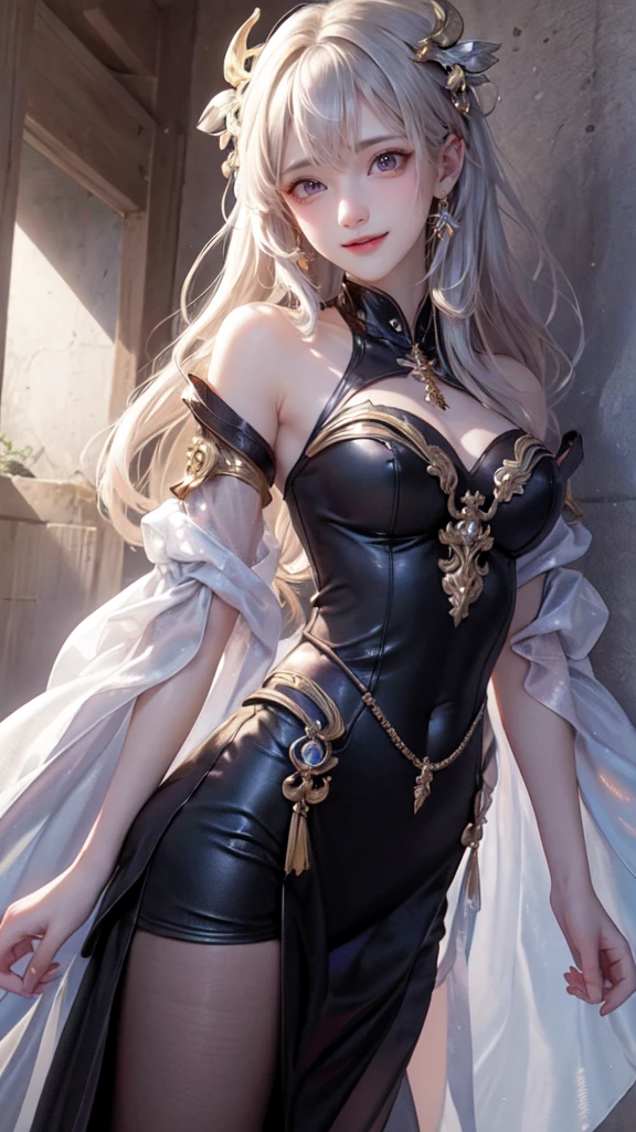 dynamic angle,((1 girl, dancing)), ((masterpiece:1.4, highest quality)), ((masterpiece, highest resolution)), (beautiful illustrations),(Beautiful semi-long silver hair),cute office lady,  (white blouse, Elegant flared skirt with flower print), (looking at the viewer),
 innocent smile, Day, the wind is strong,cinematic lighting,white over knee high,lace chalk, Wristband, fingerless gloves, over knee high,
lace chalk, diamond necklace,Wristband, fingerless gloves, earrings,
