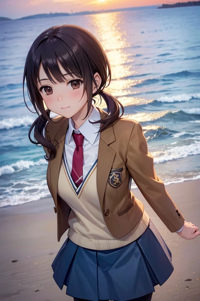 (16k,Ultra-high resolution,Best Quality,masterpiece,Very detailed,Extremely clear CG),okitasawa, low twintails,face waiting for kiss,Anatomically correct body,Very detailed顔の特徴, Beautiful and perfect face,brown jacket, red necktie, yellow sweater vest, blue skirt, pantyhose,Evening coast,Walking on the beach,Realistic sea、sunset,red cheek,Close your eyes