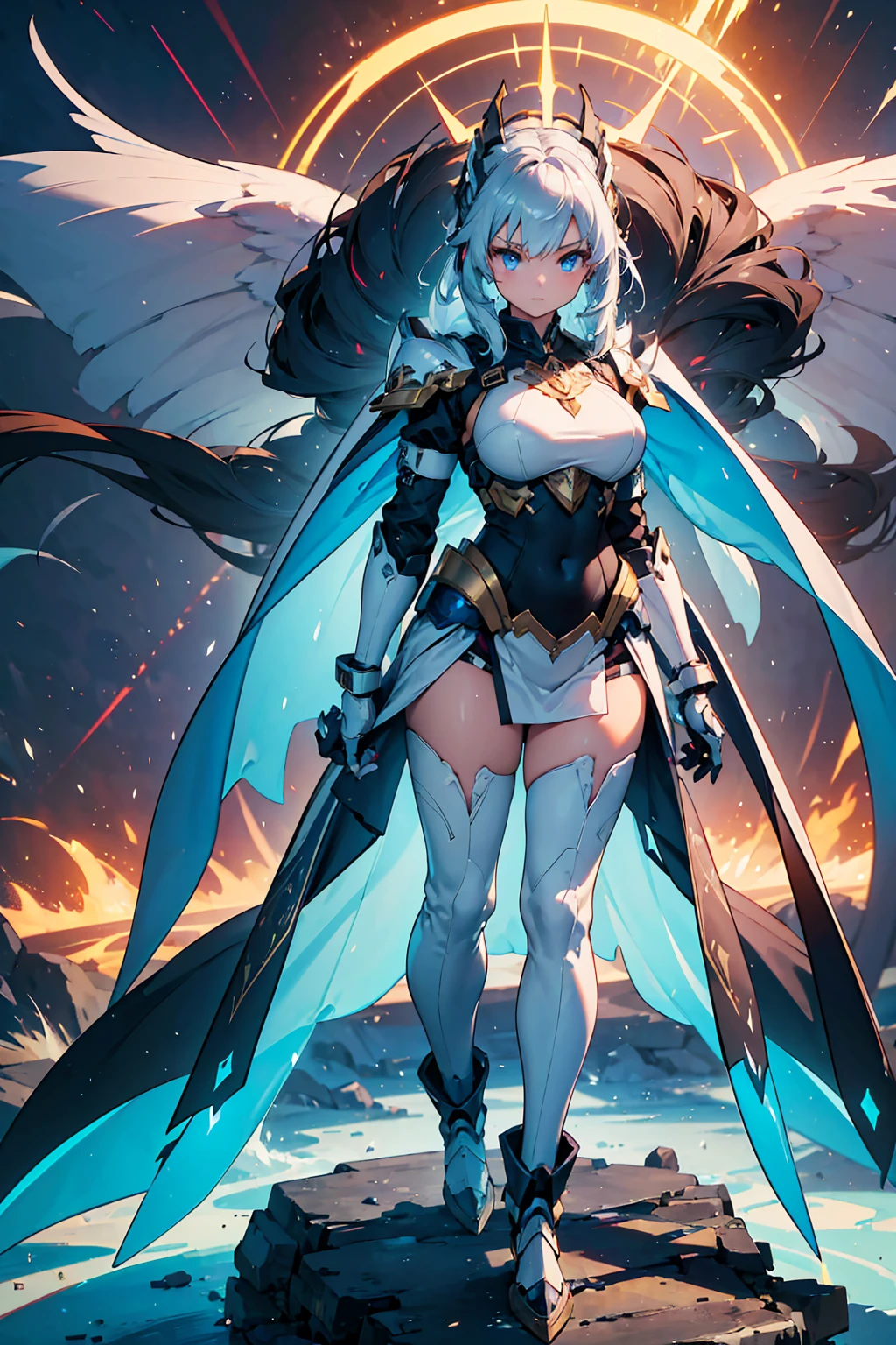 Magical style,Armor in medieval style,LED armor,Fluorescent armor, solo person, Solo,(gigantic breasts:1.3),European knights,machine girl,Cover your entire face,Full cover mask,blindfolds,Black iron boots,Black hand armor,Full body like,Stand at the night of the aurora,Walk in the wilderness,white backgrounid,simplebackground, technological background,