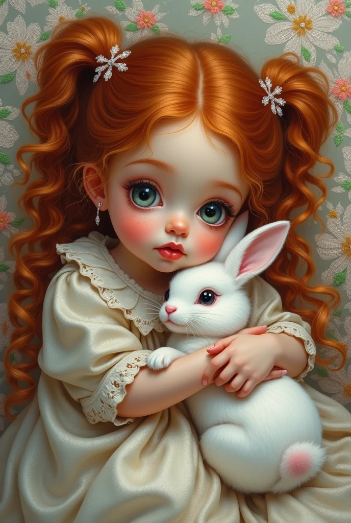 Image in the style of Jean Baptiste Monge. full length,beautiful ,Darling, фентези девочка с freckles,large shiny glass eyes with long eyelashes, with black eyebrows, thick long red curly hair in two high ponytails, plump lips kiss, pomade, chubby cheeks,freckles, hugs a white ,sleeps under a silk blanket with colorful embroidery,lace background