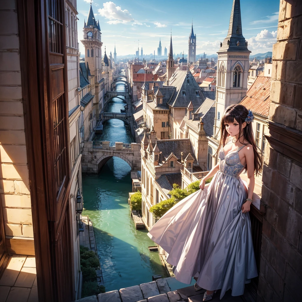 blue sky, evening light, (Aerial View of Kremlin complex of buildings:1.6), ((Beautiful woman is Floating in the Air)), Delicate white BodySuit, (Detailed beautiful face), wide angle lens f/2.8, ultra insane high resolution intricate textures, texture indentation, perfect perspective, Geometric, in another dimension worlds, fire all around, energy fields, ((luminism)), ultra detailed busy background, tessellation, maximalism, IPA Award wining masterpiece