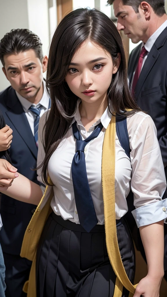 A very beautiful, young-faced female student in school uniform trying to escape from middle-aged men, A beautiful woman, She is captured by horny middle-aged men and gang-molested., The molester&#39;s fingers feel so good that she screams with her mouth open, her face twisted., A close-up shot of a shy face:1.3,  Wavy princess cut, Vivid and realistic, blush, A middle-aged man gets excited when he sees a crying female student, Distorted Eyes, Ultra-high resolution, 2k, Clear white skin, Slender body, Japanese, Anatomically correct