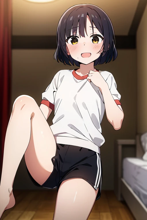 ((Best Quality)), ((masterpiece)), (be familiar with), Perfect Face, indoor, bedroom, Watching the audience,
One woman, Ryo Yamada,
Open Mouth, Ecstatic expression, blush, smile,
Small breasts, Flat Chest, , , child, Girl,
Short Hair, Short Hair,
Gym clothes, White short sleeves, Black shorts, Leg spread,