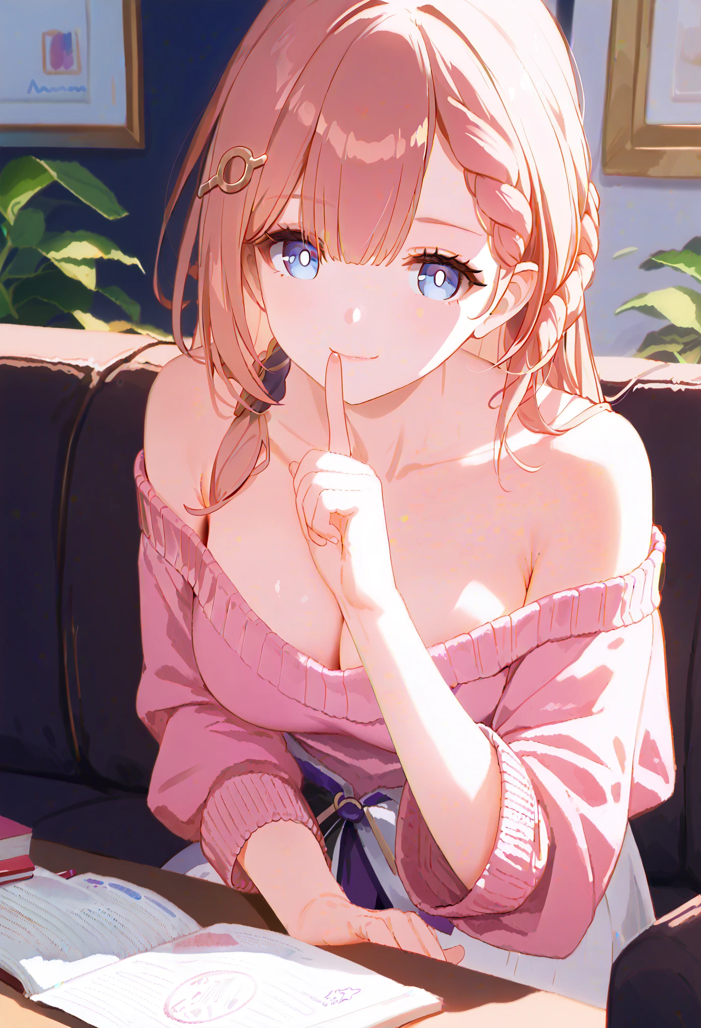 asta,honkai star rail,1girl, famale teacher, milf, long hair, shiny hair, gleaming skin ,Maternal smile, closed mouth, large breast, cleavage, off-shoulder pink sweater, upper body, finger to mouth,sitting on the sofa, A peering posture,living room,