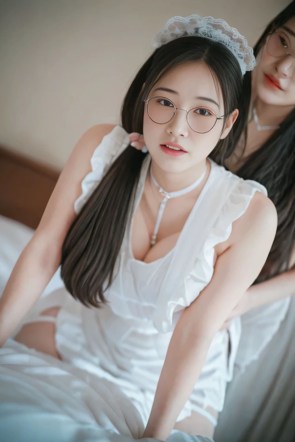 Realistic, Masterpiece, Top Quality, (Detailed Eyes), young Girl,  Full Body, Huge breast, open chest shirt, without wearing a bra, shy, kindergarten teacher, naked_apron, half smile,Young child burying her face in a woman's breast, Surprised woman, Stockings, Short tight skirt