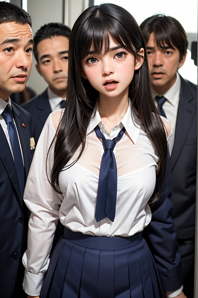 A very beautiful, young-faced female student in school uniform trying to escape from middle-aged men, A beautiful woman, She is captured by horny middle-aged men and gang-molested., With a distorted expression on his face, he screams with his mouth open, revealing his shameful state., A close-up shot of a shy face:1.3,  Wavy princess cut, Vivid and realistic, blush, A middle-aged man gets excited when he sees a crying female student, Distorted Eyes, Ultra-high resolution, 2k, Clear white skin, Slender body, Japanese, Anatomically correct