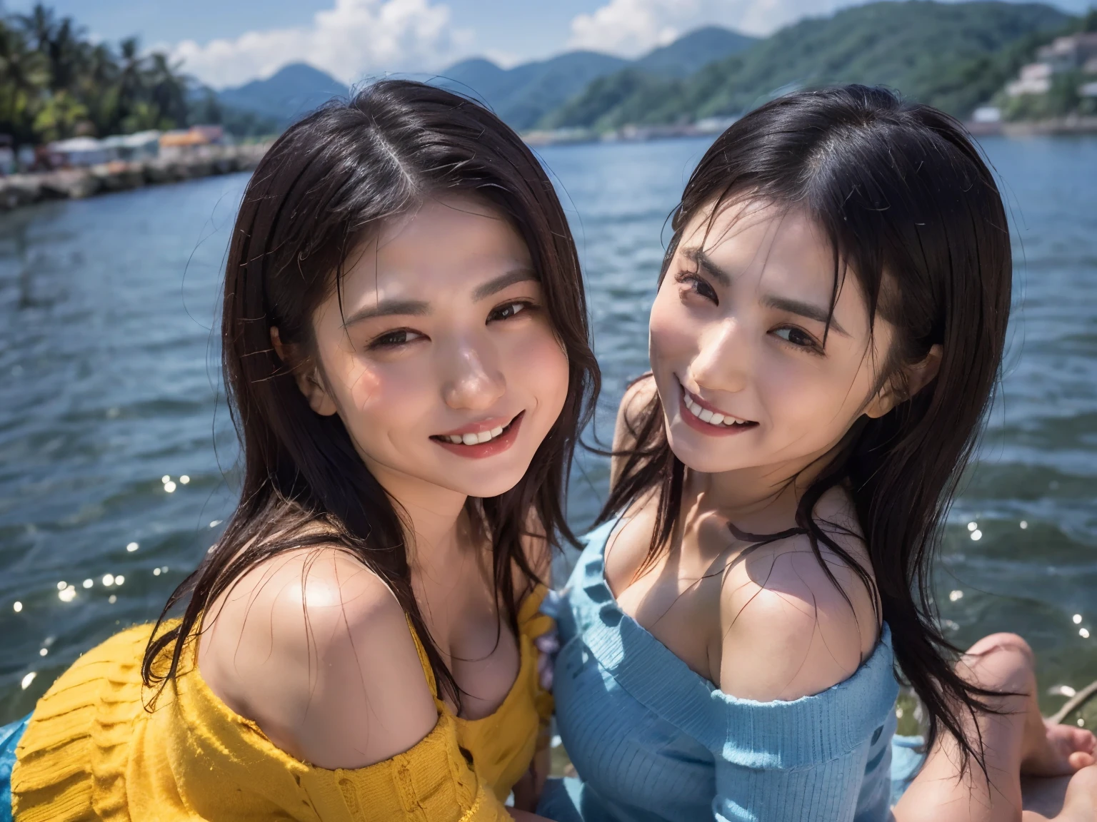 (8k、RAW Photos、Best Quality、masterpiece:1.2),(((Two Girls,duo,Petting,At the Beach))),、Super detailed、Super Resolution、(Ultra-realistic:1.4)、（Blowing a kiss as a camera）From the above、Camera shot from above、Shooting from a top camera angle、I look at this with my eyes、Arms stretched out、Spread your arms wide、Use high-quality images taken from the sky with a camera、(Girl on the Beach 1 5 digits:1.3)、、Offshore Girls（Dreamy lighting）Head to waist、、White skin、color白の女性の校正、Ultra HD、、Beautiful woman proofreading against the light、Amazing details、Highly detailed beautiful girls、(Various patterns of faces 1:1.2)、(Various facial expressions emotions 1:1.3)、それぞれのHairstyleには特徴がある、color々Hairstyle、color々髪のcolorがきれいな光沢で輝いています、I love fishing on a boat.、光に輝く茶colorの髪、One of them has a ponytail、、Modern cute girl、Highly detailed face、Highly detailed eyes、Extremely realistic skin、 Highly detailed fingers, Highly detailed nose, Highly detailed mouth, Perfect Anatomy, (Off-the-shoulder costume 1:1.2)、、Sparkling hair details、Smile with hot teeth、Realistic body, White skin, Glowing Skin, The body is slim, Straight long hair, (Blunt bangs:1.2), , nixeu and sakimichan, 2 times, Seifuku, sakimichan, Promotional stills, Larisa Manovar, Alena Aenami and Lilia Alvarado