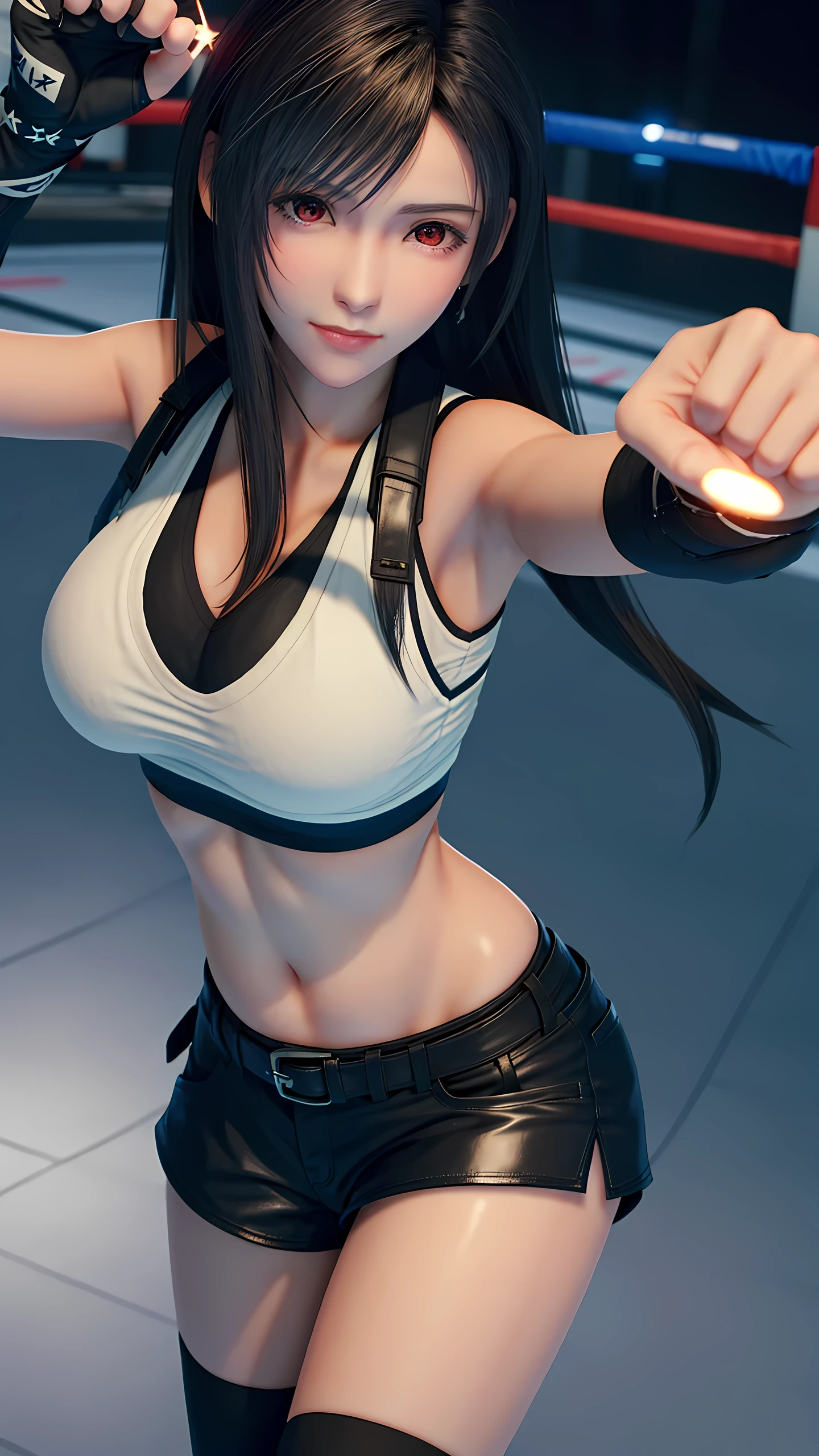 8k,masterpiece, Highest quality,big breast, (1 person:1.5), Tifa Lockhart, red_eye, Black Hair, Long Hair, Professional Lighting, (Glowing Skin: 1.2), shiny sweat, ((Highest quality)), Sharp focus: 1.2, Highly detailed face and skin texture, detailed eye, Perfect Face, Perfect body, CG, Huge Breasts, before (Age 25, Mature, cool and beautiful face), (on MMA Arena :1.5), (wearing MMA uniform:1.5, white tops and black bottoms:1.3), thigh, belly button,Fighter,glaring,(Look At View:1.2),Full body, Dynamic Angle,