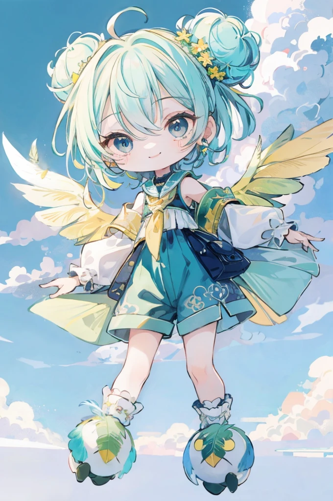 ((Best Quality)), ((masterpiece)), (detailed),Full body shot of a girl with bird of prey wings, (Chibi:1.8), (Green and yellow multicolor,Sky blue inner hair),Short cut with buns on both sides,Blue eyes,Slanted Eyes,slim,boyish,Detachable feather sleeves,Tops made of feathers,Feather shorts,Knee-length feather socks,Above the Clouds,blue sky,floating,smile,