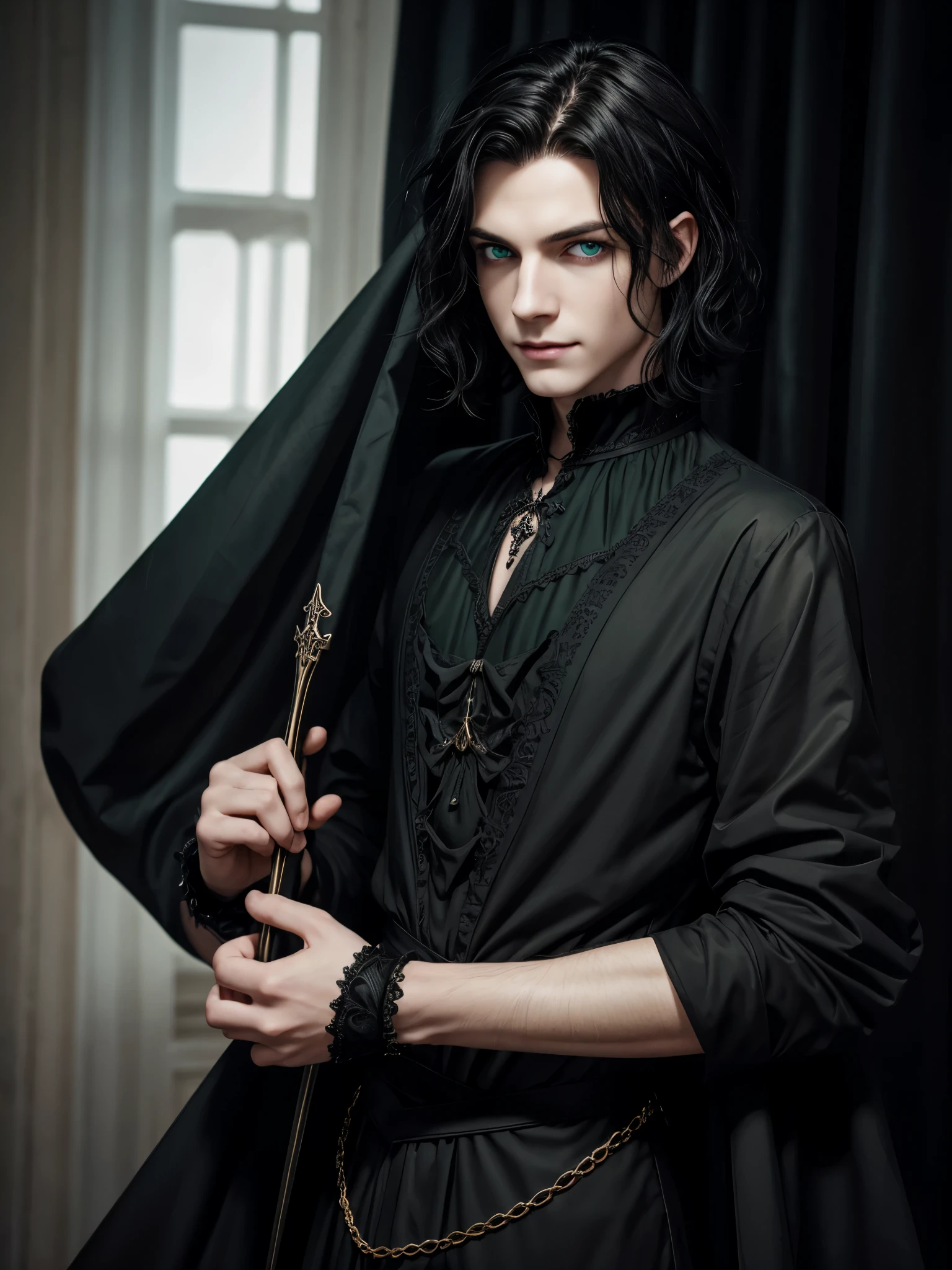 (best quality), 1boy, male, pale skin, black hair, medium hair, curtain hair, tousled hair, green eyes, perfect eyes, dark circles under eyes, light smile, (gothic clothes), masterpiece, anatomically correct, highres
