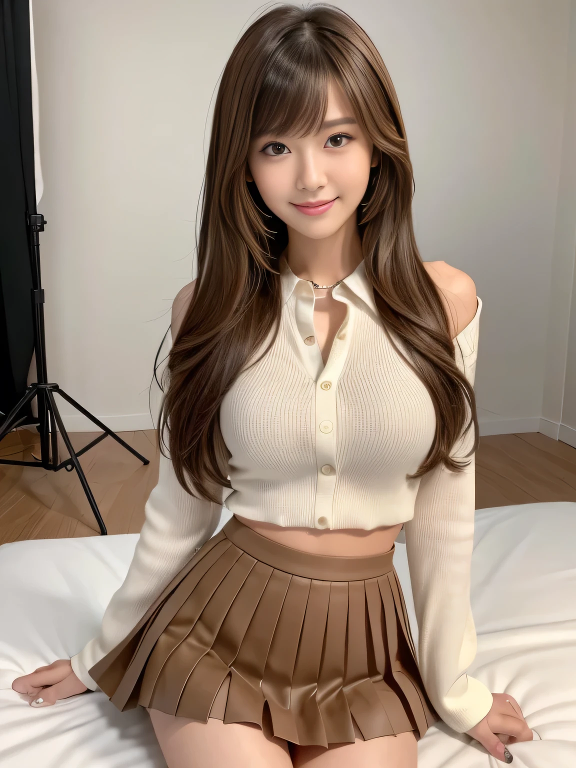 (best quality, ultra-detailed, hyperdetailed, realistic), highly detailed, sharp focus, Realistic, Photorealistic:1.3, masterpiece, perfect face, perfect lips, hyper detailed, hyper realistic, high resolution, Japanese Idol, Fashion Model, (19yo:1.3), Slender, brown hair, Stylish, Beautiful Face, light brown hair, messy hair, diagonal bangs, (seductive smile), (looking at viewer), studio lighting, white background, POV shot, (Pleated mini skirt:1.2, mini skirt),