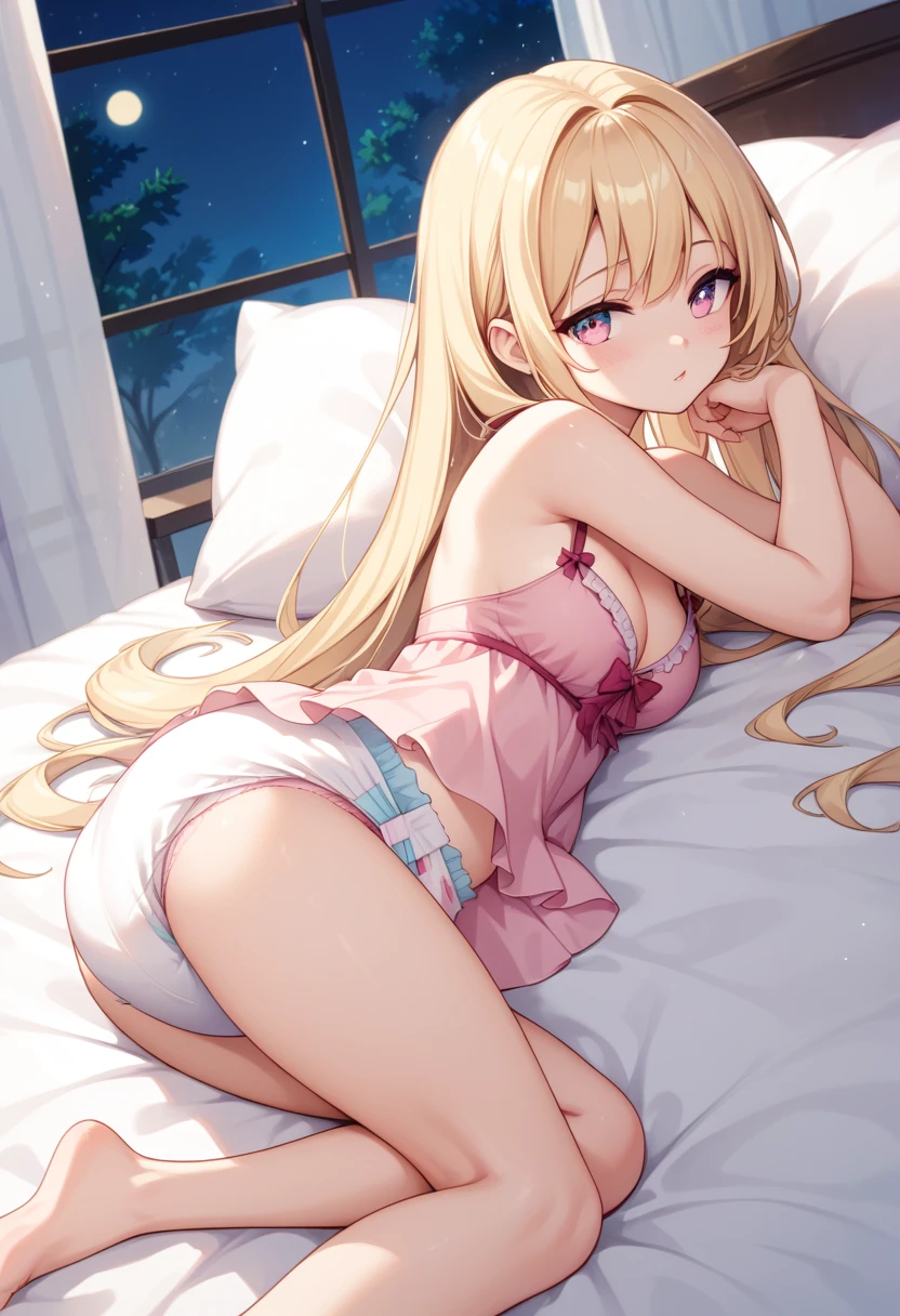 Beautiful long blonde hair　Embarrassing　blue eyes 　Tears overflow from my eyes　diaper　Open your legs　Sleeping on the bed　Hand in panties　Masturbation　Small breasts