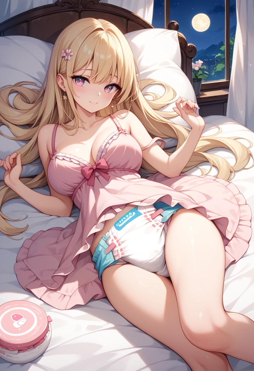 Beautiful long blonde　Pink nightgown　diaper　lie down on the bed　Close your eyes　night