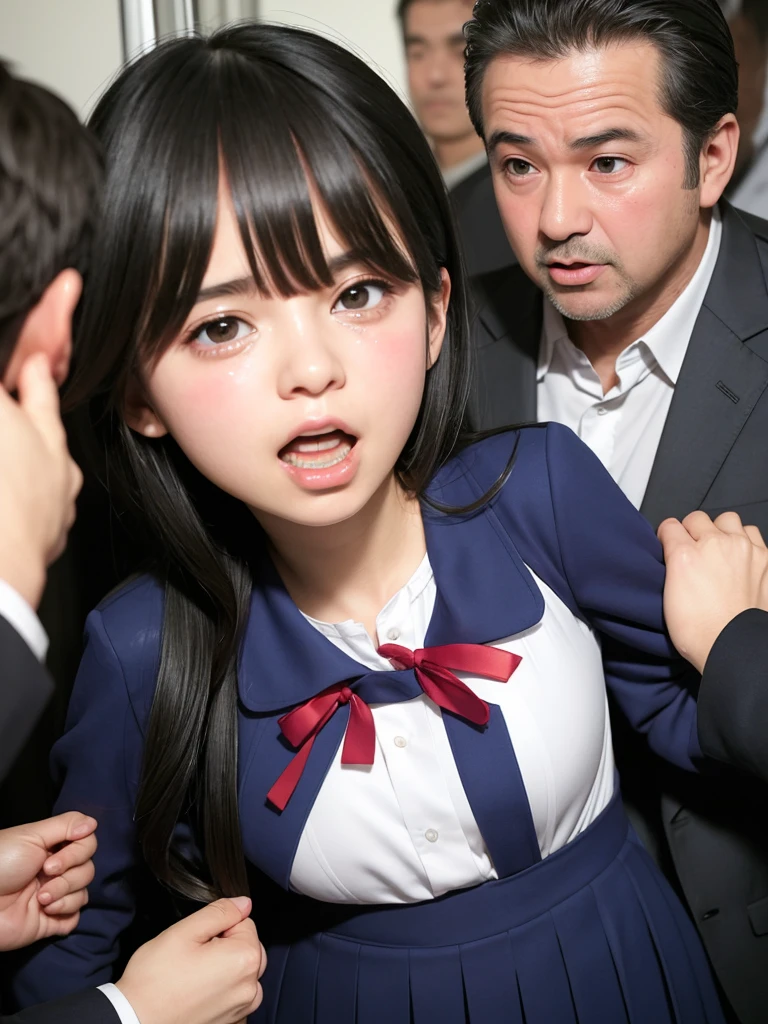 A very beautiful, young-faced female student in school uniform trying to escape from middle-aged men, A beautiful woman, She is captured by horny middle-aged men and gang-molested., With a distorted expression on his face, he screams with his mouth open, revealing his shameful state., A close-up shot of a shy face:1.3,  Wavy princess cut, Vivid and realistic, blush, A middle-aged man gets excited when he sees a crying female student, Distorted Eyes, Ultra-high resolution, 2k, Clear white skin, Slender body, Japanese, Anatomically correct