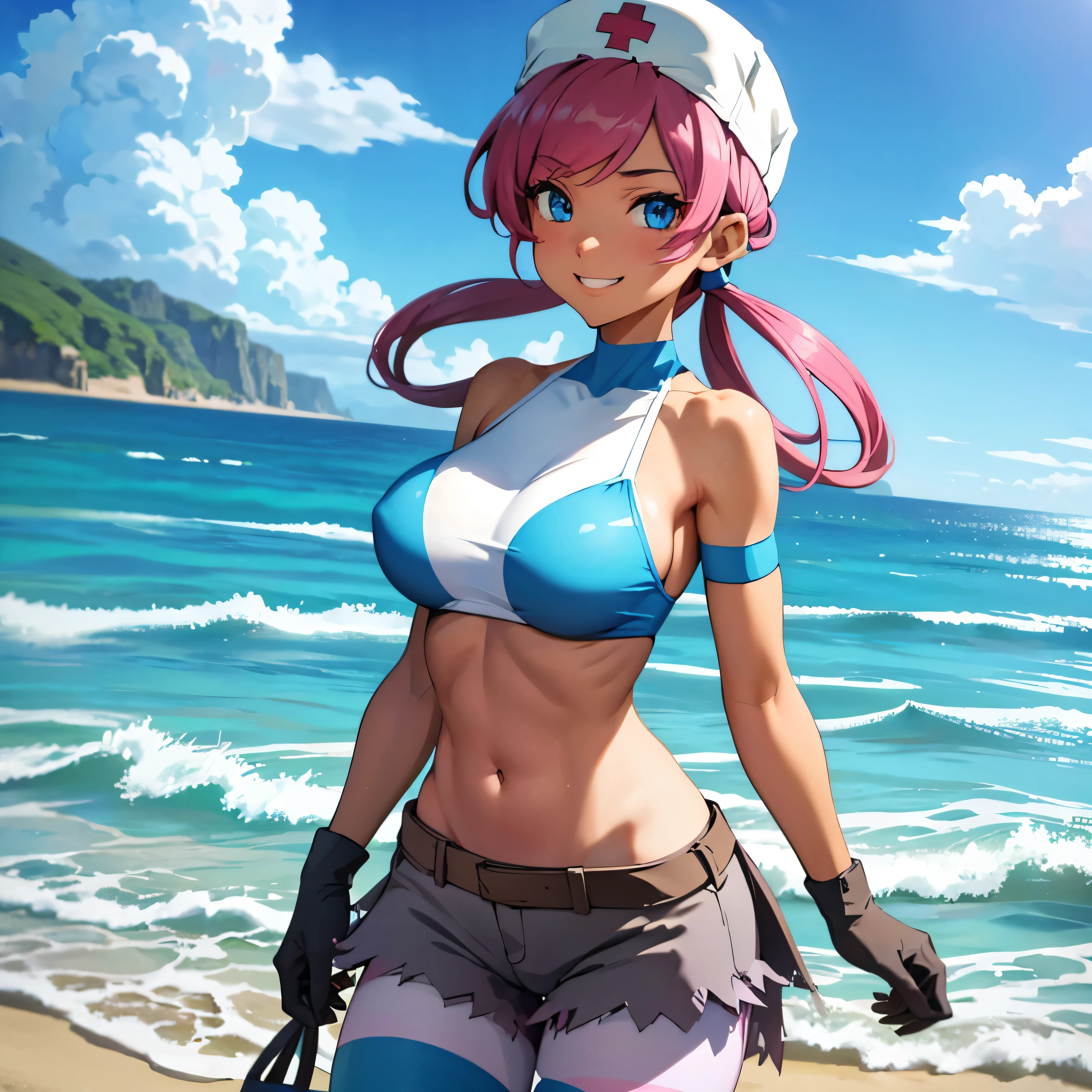 (insanely detailed, beautiful detailed face, masterpiece, best quality), ((masterpiece)),((best quality)),(highres), bokeh, looking at viewer, solo, 1girl, cowboy shot, pkmntag, bandana, striped crop top, armband, black shorts, black gloves, striped leggings, blue boots, smiling, large breast, huge breast, nurse joy, hair rings, bangs, blue eyes, long hair, pink hair, rolled bangs, looped low twintails, (((beach background, sea background))), white skin