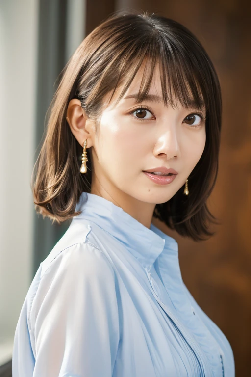 (8k, RAW Photos, Best Quality, masterpiece: 1.2), Super detailed, Super Resolution, (Actual Photos: 1.37), Portraiture, High-quality RAW color photos, Professional photos, official art, Highly detailed CG Unity 8k wallpaper, Beautiful Japanese Women, {30|40} age, Highly detailed face, Highly detailed eyes, Highly detailed skin, Highly detailed nose, Highly detailed mouth, Perfect Anatomy, Detailed backgrounds, Highly detailed outfit, One Girl, housewife, Realistic body, White skin, Glowing Skin, Slender body, Very small waist, Handsome body, brown hair, {short|length} hair, (Straight bangs:1.2), Cute Face, A faint smile, realistic face, White shirt, Earrings, Looking into the camera, Cowboy Shot, Standing posture, dynamic lighting,Open your mouth, Erotic Pose、Full body photo、