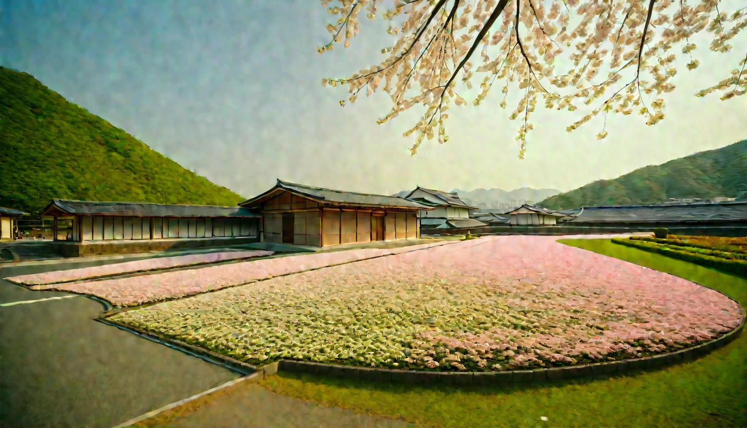 modern craft resort, sakura trees, greenery landscape, in the village  of Suburban from distance with green moutain, ( crowded people : 1.7) , clear sky, day light time, warm lighting RAW Photo, RAW texture, Super Realistic, 32K UHD, DSLR, soft lighting, high quality, film rating, Fujifilm XT3, ( many crowd of japanese people with kimono : 1.3)  in front of building, Highlight insanely beautiful Japanese woman, wearing traditional Japanese clothing; Tokyo crowd, early morning busy street scene, dynamic action poses, extremely happy festive moment, fashio photography, Holga photography, analog camera, lo-fi, detailed composition, cinematic lighting, cyclorama effect, fashion shoot.