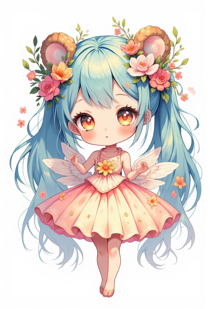 (masterpiece、Best Quality、Best Quality、Official Art、Beautiful and beautiful:1.2)、(One person:1.3)Hatsune Miku、Twin tails,Beautiful breasts,((White background)), ((Clip Art )), ((Stickers)), (((Lion&#39;s Ears)), Beautiful wild rose fantasy art in watercolor, Beautiful face and perfect eyes with flowers, Angel Wings, chibi cute animation style, Bright vibrant colors, Intricate details, Hyper Detail, super high quality, 32K, Unreal Engine, isolated on White background, cute, 