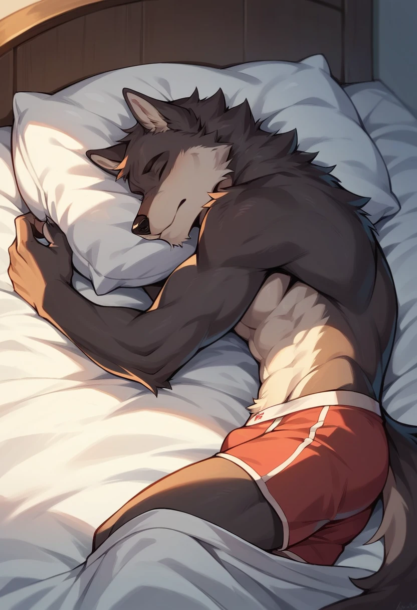 Two wolf orcs，juvenile, weak，thin，blue身体, Embrace，whole body，white belly, wolf tail,double，short hair,sleep，lying down，fall asleep，and，blue,close eyes，being teased，lying down，high quality,whole body,modern bedroom，no pants，white hair,high quality，