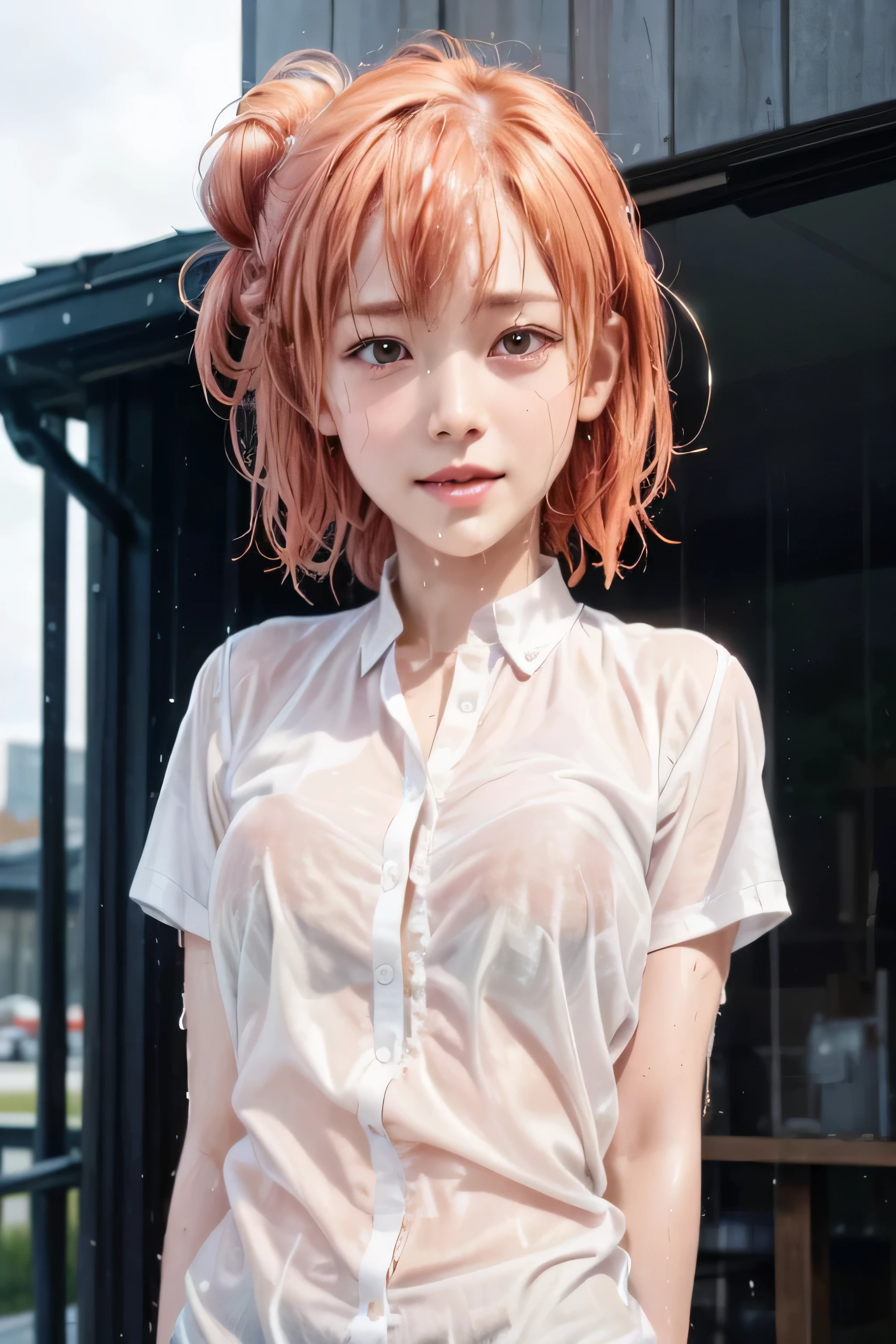 masterpiece, best quality, (realistic,photo-realistic:1.4), (RAW photo:1.2), extremely detailed CG unity 8k wallpaper, delicate and beautiful, amazing,finely detail, official art, absurdres, incredibly absurdres, huge filesize, ultra-detailed,extremely detailed eyes and face,light on face,ishiki iroha,(little smile),(peach hair:1.4),,(wearing white shirt:1.5),raining background,(short hair:1.4),hair bun,(wet body:1.5)