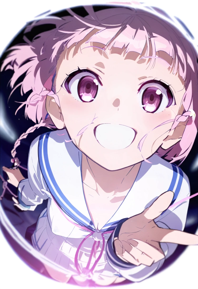 1，Dark pink braids，Sailor Suit，Umbilical cord，Smile，squint，happiness，aoi，Single，wind，Influence，Fisheye lens，movie lighting，blush,Pink Eyes，Bangs