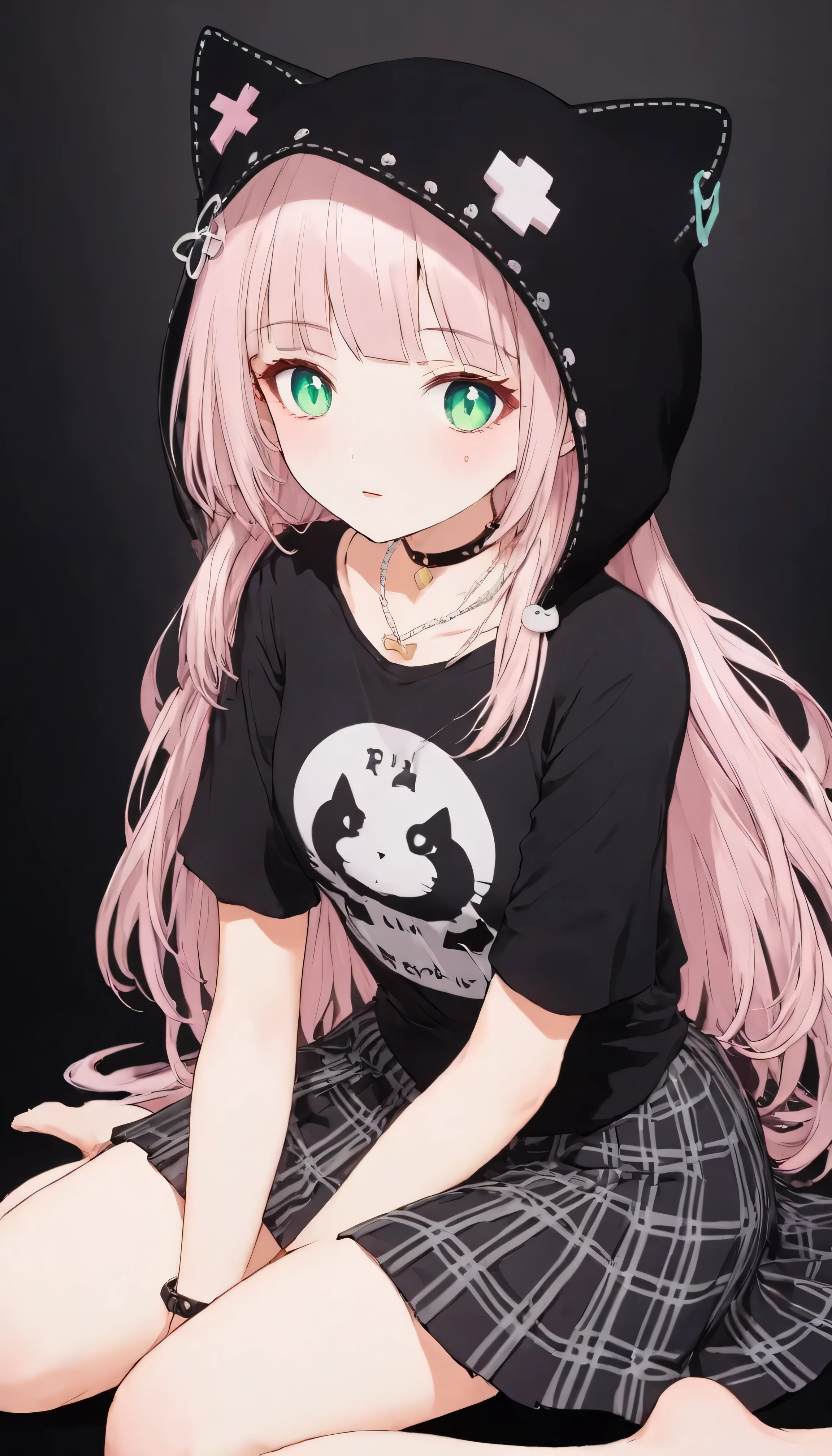 luzao\(EOE\),one girl,solo,{{{{masterpiece}}}}, {{{Super detailed}}}, {{{high resolution}}},(((best quality))),((pearl pink hair,emerald eyes)),{{Extremely detailed and refined}}, {4k CG wallpaper}, {{illustration}},(|Detailed hair|blunt bangs|shiny hair),(cowbody shot),((summer shirt,plaid skirt)),black cat-ear hood,(negative_v2 Color_Balance_Calibration:0.8), DeepNegative_xl_v1, unaestheticXL_bp5
