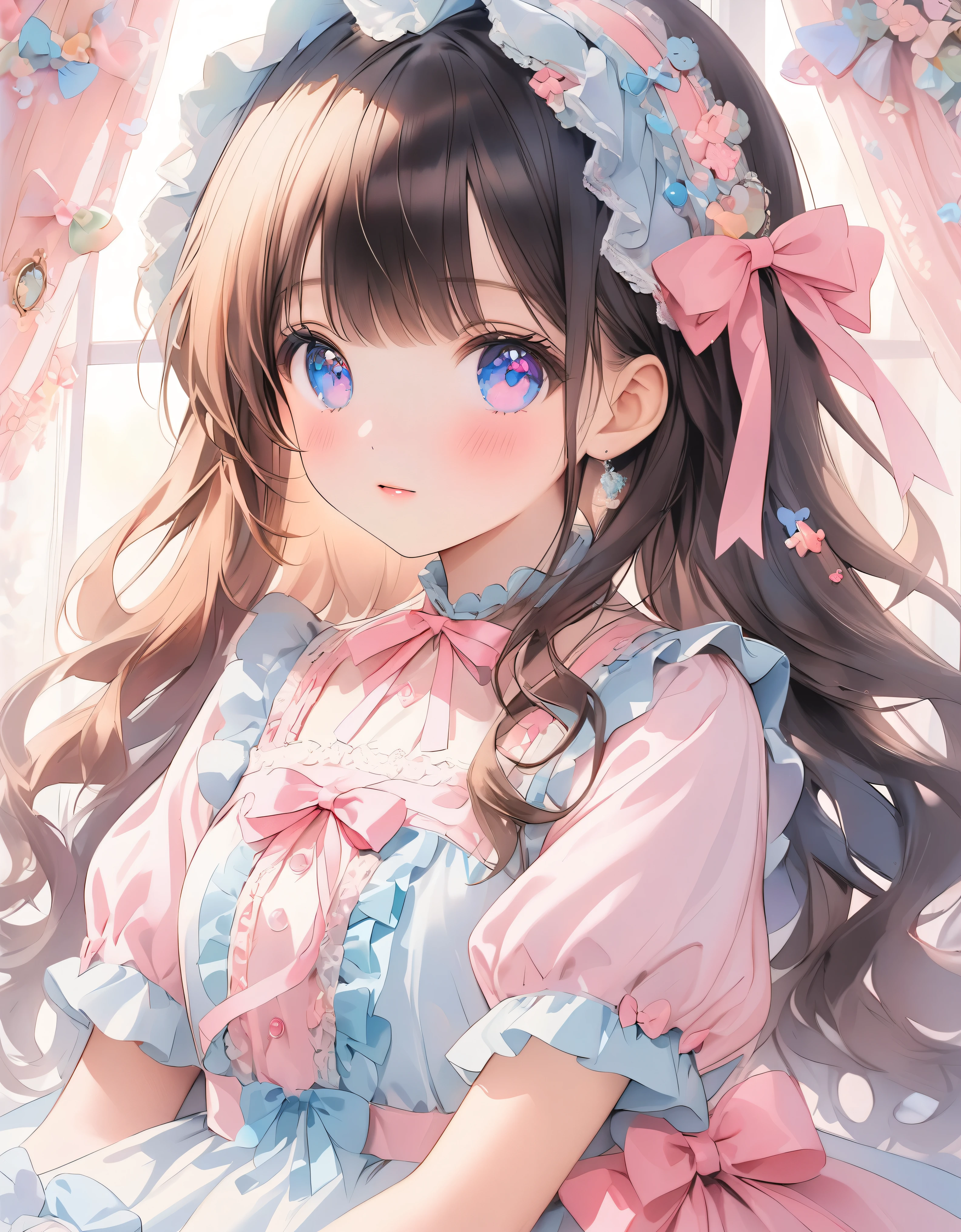 ((ultra quality)), ((ultra detail)), ((top quality)), pastel colored fluffy cute dress, frills and lace and ribbon, (sweety bedroom:1.2), cowboy shot, portrait, hyper detail face, hyper beautiful eyes, ((anatomically correct)), (((correct hand))), soft lights, soft edge, RAW photo, mixed technique of oil painting and watercolor,