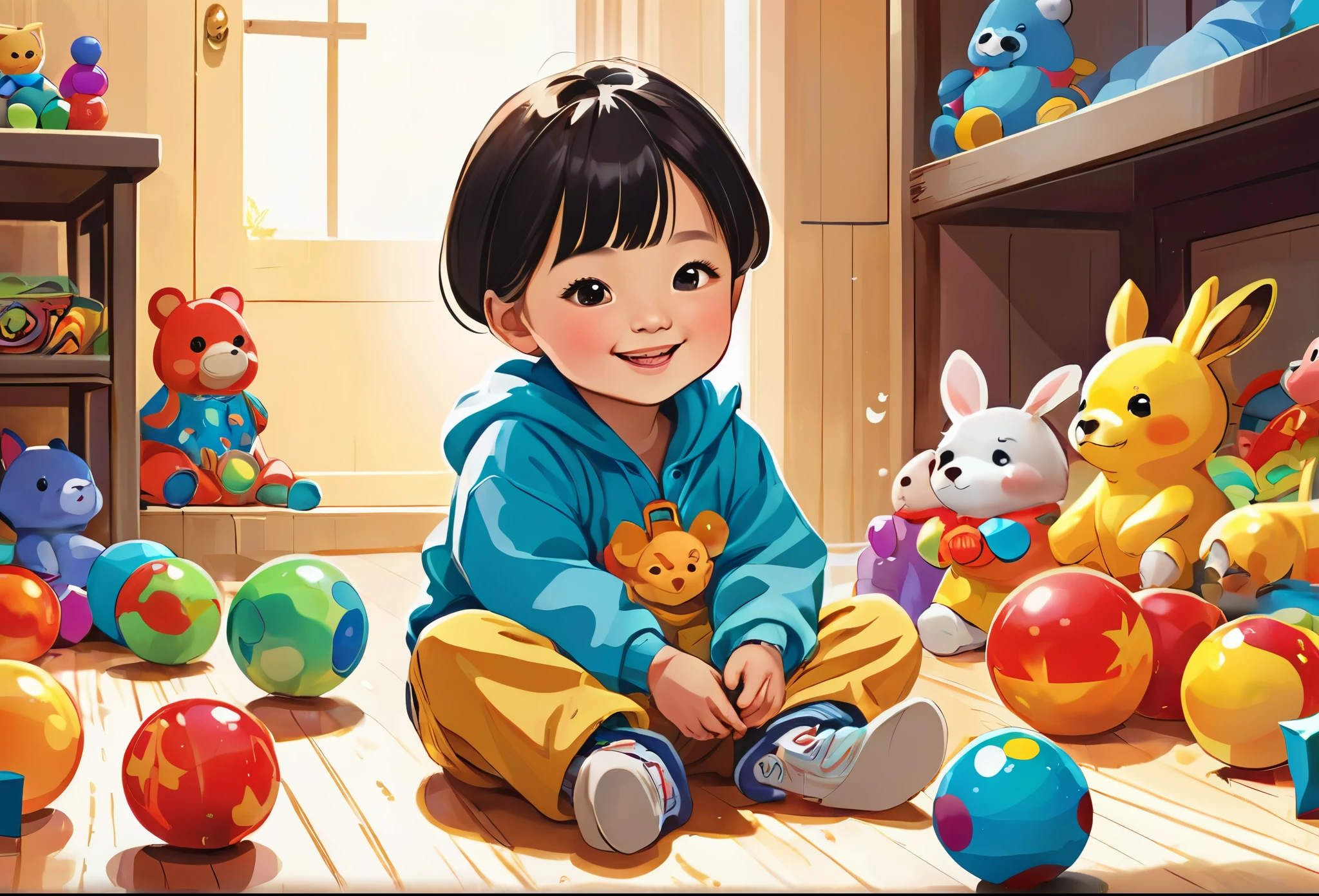 A Chinese , in a casual outfit, sitting on the floor, playing with toys, smiling (masterpiece best quality:1.2) delicate illustration ultra-detailed, illustrations, bright, colourful,
