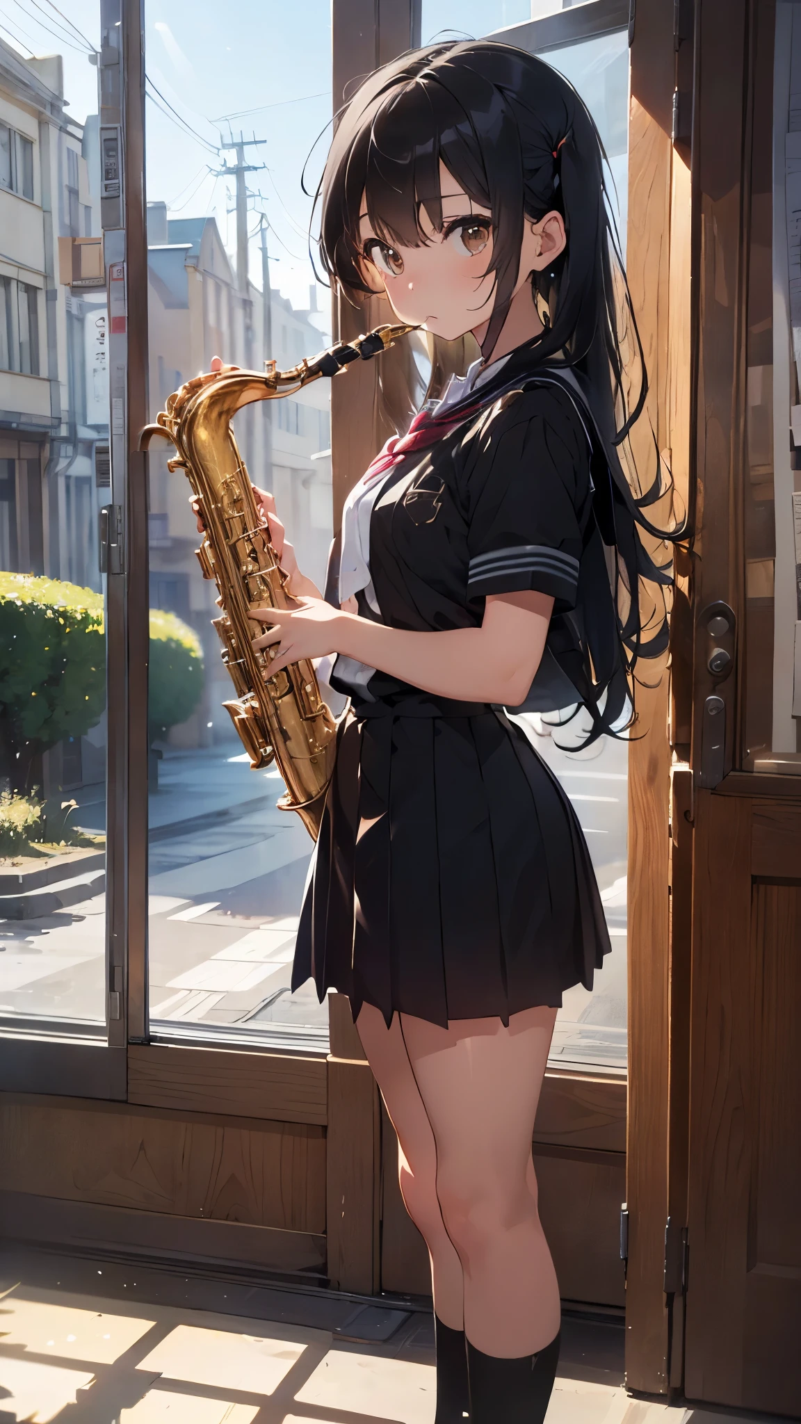 high resolution。High resolution、Low - Angle、masterpiece、Beautiful black-haired girl、、Round eyes、Playing the Trumpet、White sleevelesiniskirt and knee socks。sweating、high resolution8K