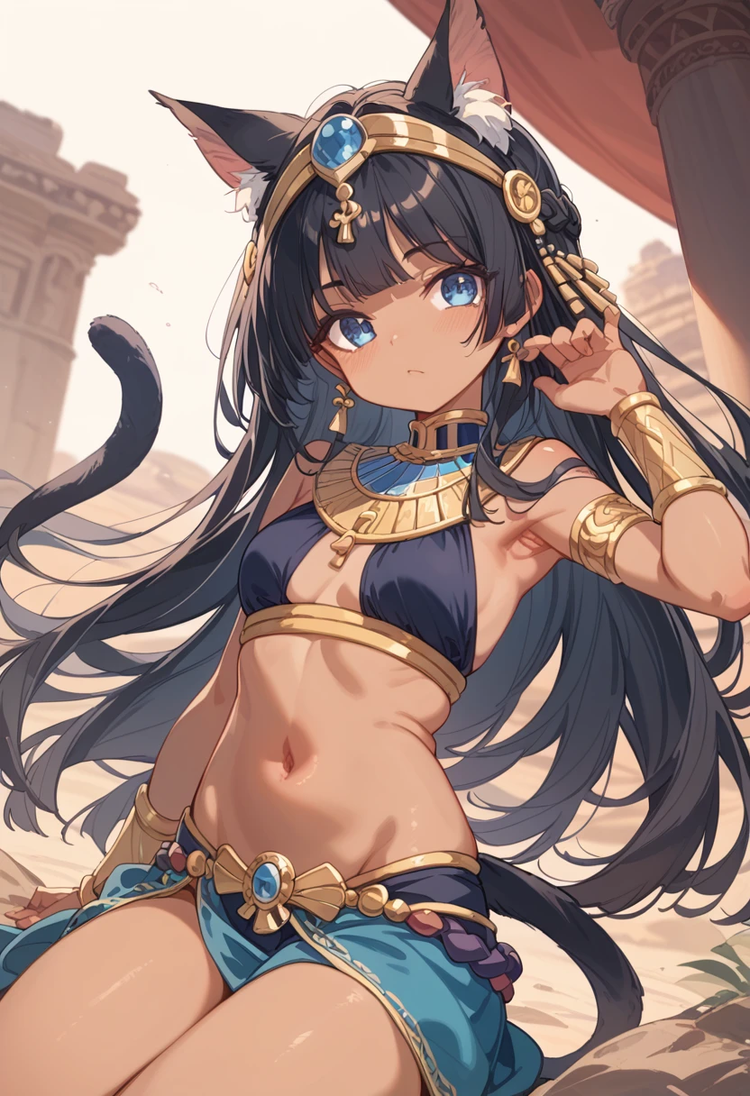 Best Quality、4K、8k、High resolution、(masterpiece: 1.2)、Very detailed、、Black Hair、Brown Skin、Cat ears and tail、Egyptian decoration、Bastet、blue eyes、Long Hair、Desert Oasis、Cheerful pose