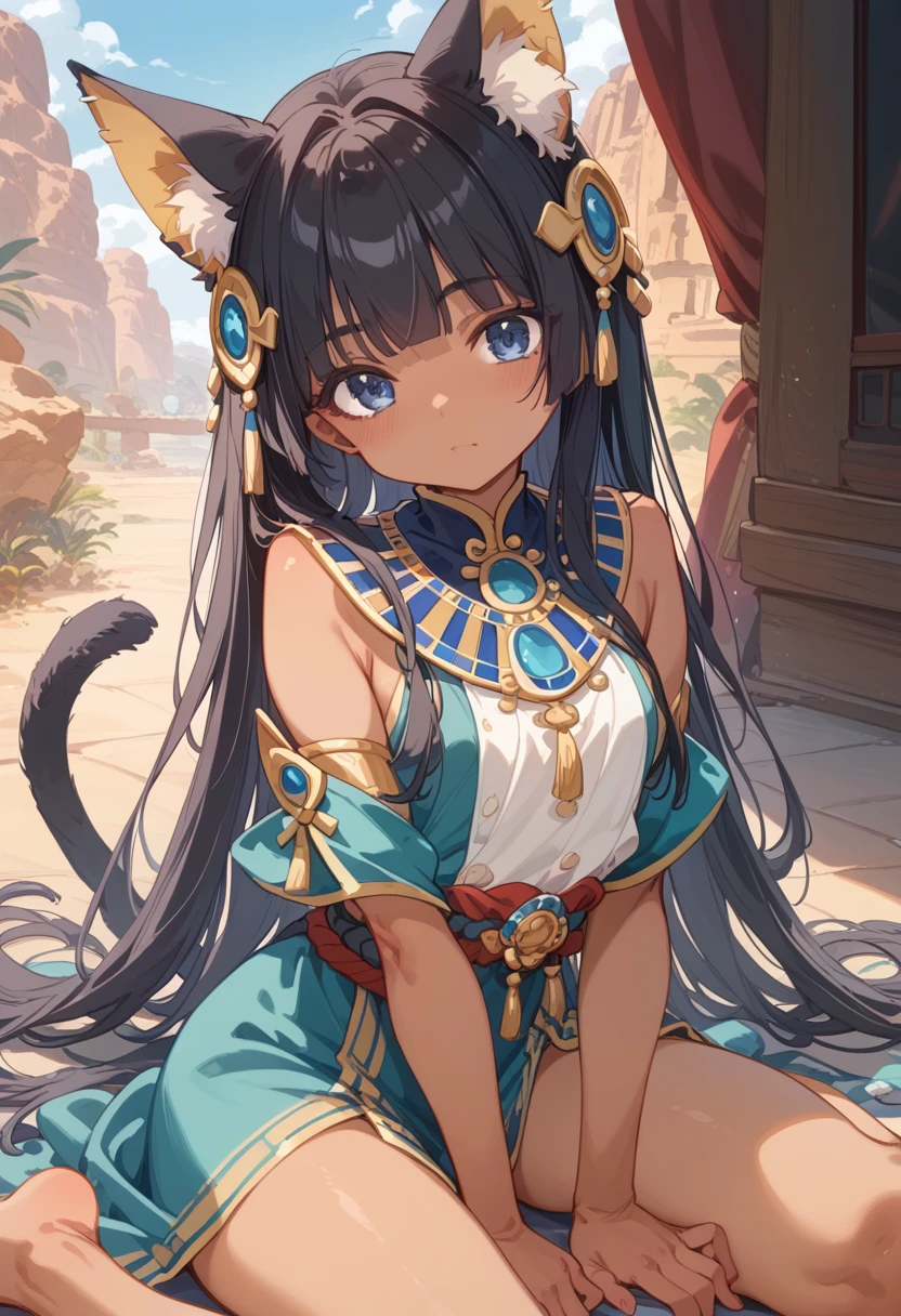 Best Quality、4K、8k、High resolution、(masterpiece: 1.2)、Very detailed、、Black Hair、Brown Skin、Cat ears and tail、Egyptian decoration、Bastet、blue eyes、Long Hair、Desert Oasis、Cheerful pose