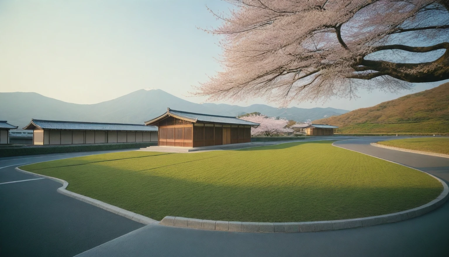 modern craft resort, sakura trees, greenery landscape, in the village  of Suburban from distance with green moutain, ( crowded people : 1.7) , clear sky, day light time, warm lighting RAW Photo, RAW texture, Super Realistic, 32K UHD, DSLR, soft lighting, high quality, film rating, Fujifilm XT3, ( many crowd of japanese people with kimono : 1.3)  in front of building, Highlight insanely beautiful Japanese woman, wearing traditional Japanese clothing; Tokyo crowd, early morning busy street scene, dynamic action poses, extremely happy festive moment, fashio photography, Holga photography, analog camera, lo-fi, detailed composition, cinematic lighting, cyclorama effect, fashion shoot.