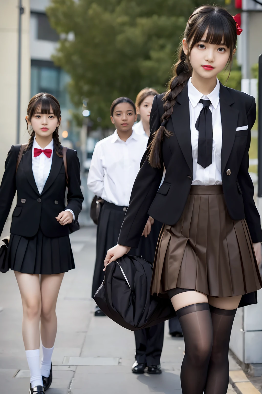 Japan lovers、Boys and girls、Standing side by side facing the front、Girl has straight long hair and wears a skirt uniform、The boy has short hair and wears a black uniform.2People smile、In front of the round light motorcycle、Clear
