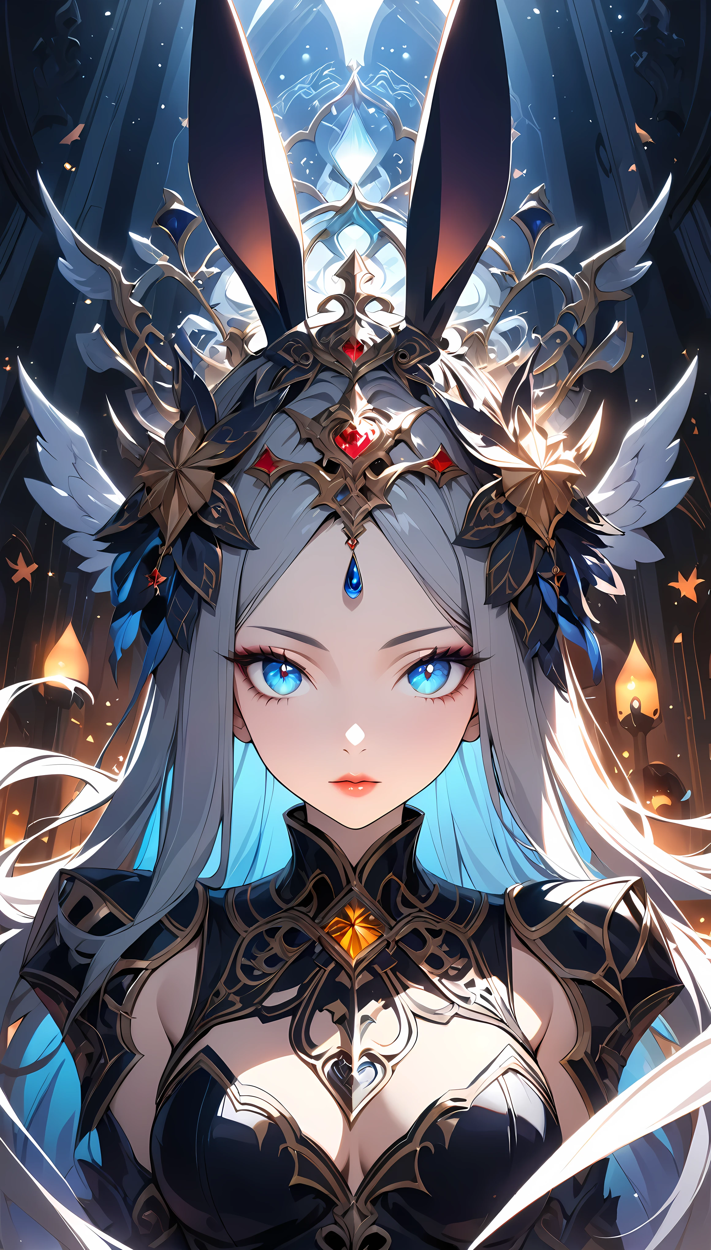 A beautiful angel-like female warrior with long rabbit ears, intricate character design, mystical, aya, Halloween magic, 1girl, detailed facial features, beautiful detailed eyes, beautiful detailed lips, extremely detailed face and portrait, long eyelashes, elegant royal dress, glowing angelic wings, intricate armor, detailed ornaments, dramatic lighting, cinematic, fantasy, dramatic pose, fantastical, ethereal, dramatic colors, vibrant, digital art, concept art, hyper detailed, 8k, masterpiece, best quality, photorealistic, Halloweenイベントコラボキャンペーン, 